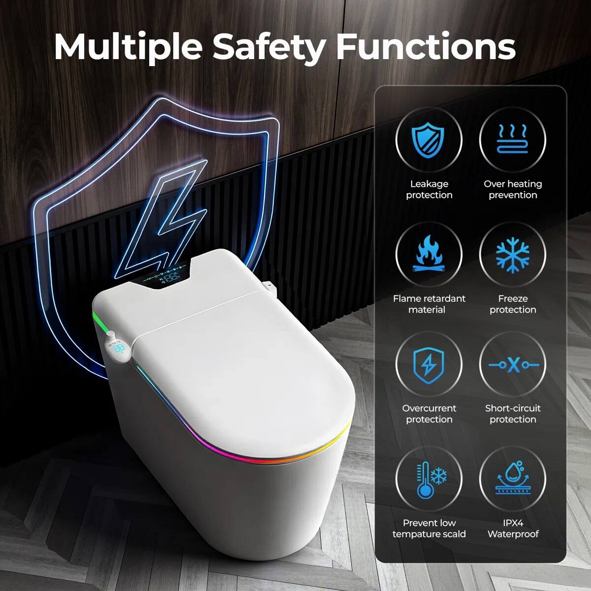 Multiple Safety Functions

- Leakage protection
- Overheating prevention
- Flame retardant material
- Freeze protection
- Overcurrent protection
- Short-circuit protection
- Prevent low temperature scald
- IPX4 Waterproof