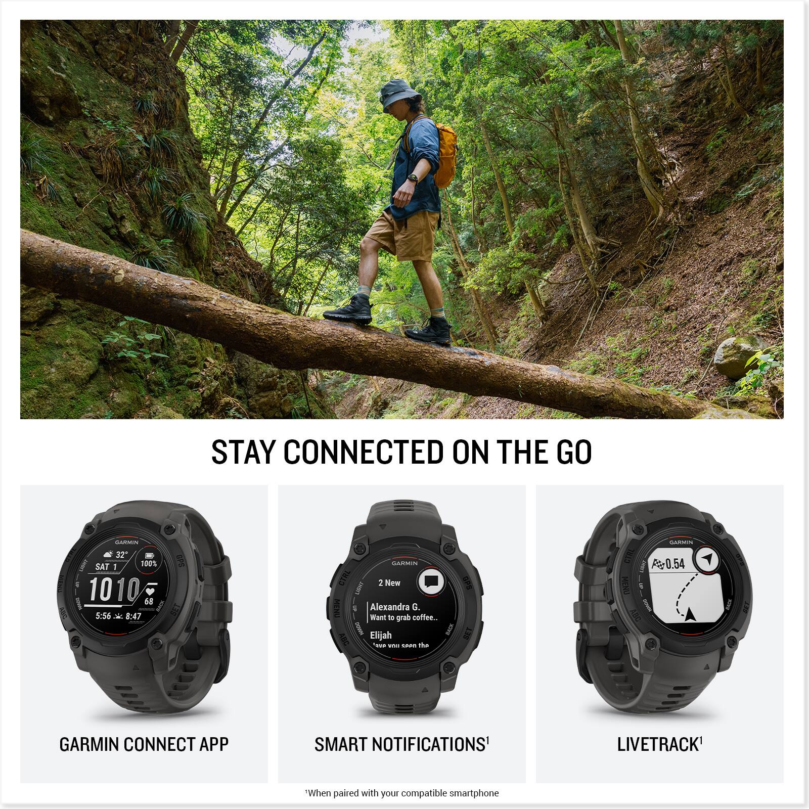 STAY CONNECTED ON THE GO

GARMIN CONNECT APP
SAT 1 32° 100% 1010 58 5:56 x 8:47

SMART NOTIFICATIONS
1. Alexander
Went to grab coffee...
2. Elijah
ABG Seer - SARS the Cdaco CTAL Ace0.54

LIVETRACK
At 0.54

*When paired with your compatible smartphone