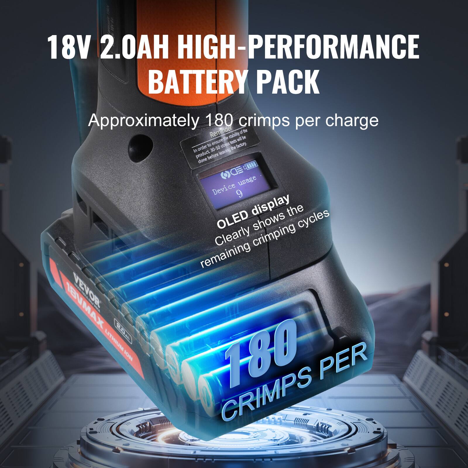 18V 2.0AH HIGH-PERFORMANCE BATTERY PACK  
Approximately 180 crimps per charge  
OLED display clearly shows the remaining crimping cycles  
180 CRIMPS PER CHARGE