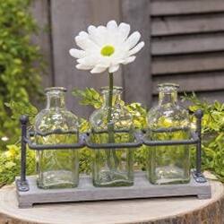 Angle. BreeBe - Wood & Iron Bottle Holder With 3 Bottles - Clear, Grey.