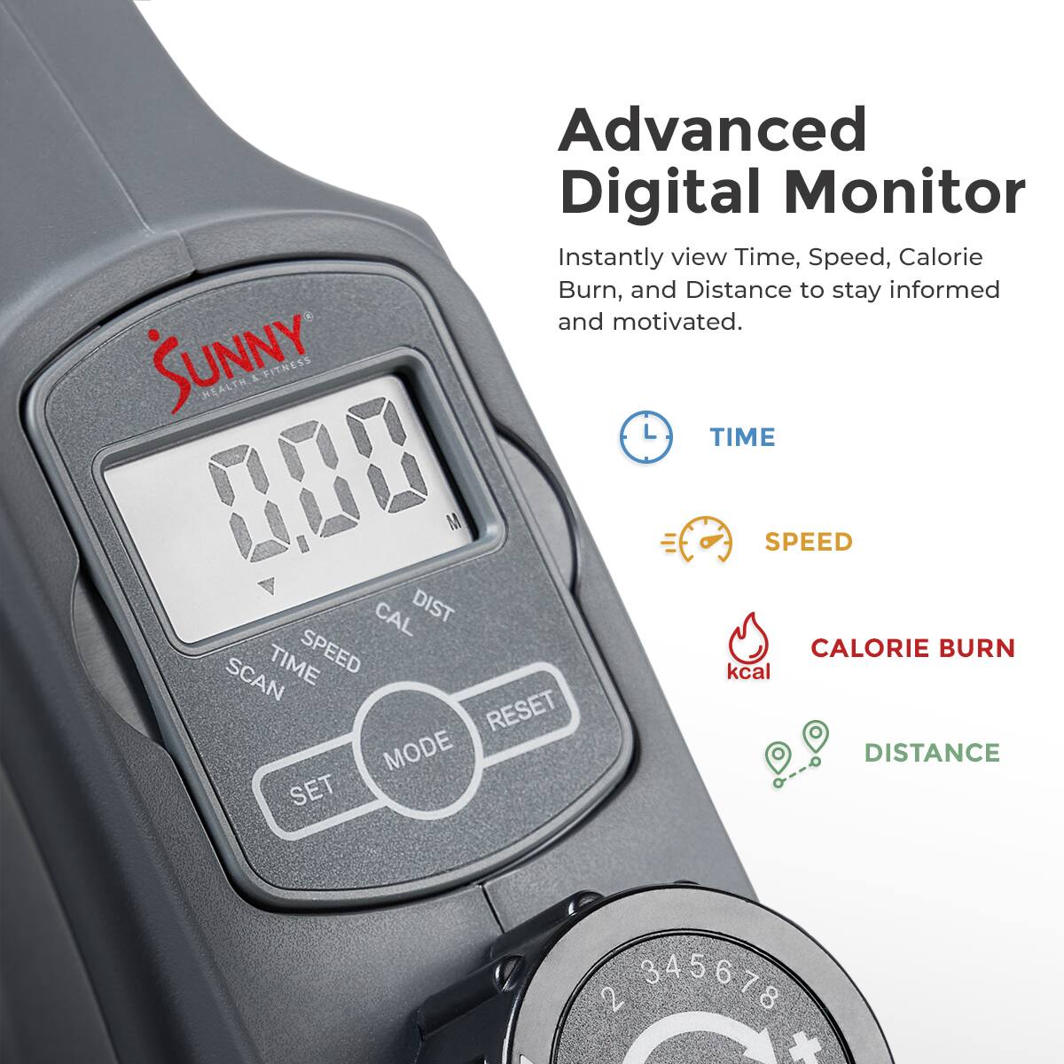 SUNNY HEALTH & FITNESS Advanced Digital Monitor Instantly view Time, Speed, Calorie Burn, and Distance to stay informed and motivated. TIME SPEED CAL DIST TIME SPEED SCAN RESET MODE SET CALORIE BURN kcal DISTANCE 2 345678