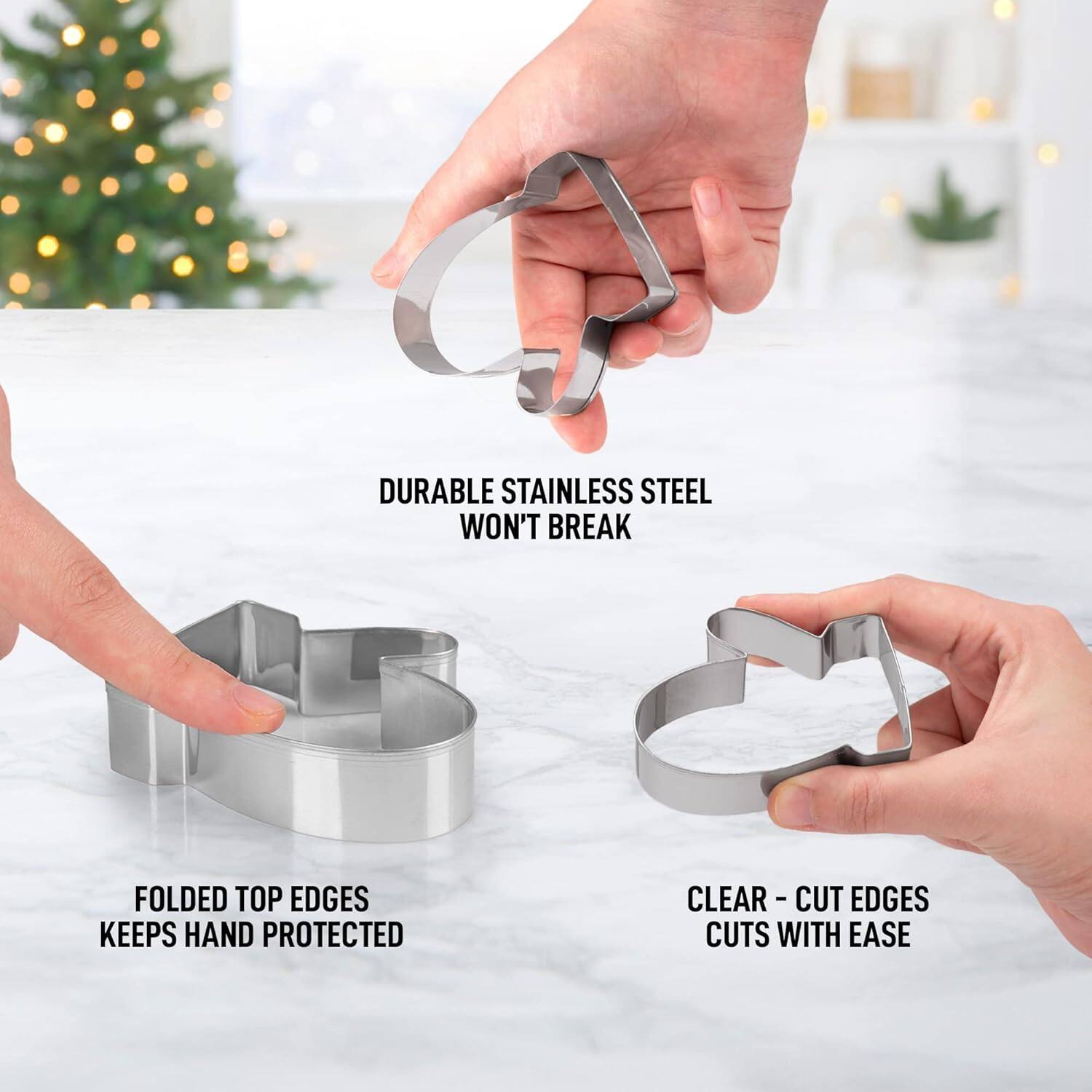 DURABLE STAINLESS STEEL WON'T BREAK  
FOLDED TOP EDGES KEEPS HAND PROTECTED  
CLEAR - CUT EDGES CUTS WITH EASE