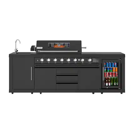 Front. Koolmore - KoolMore Reserve CSA Listed Outdoor Kitchen Island in Black With 6 Burners, Sink, Storage Cabinet and Refrigerator - Black.