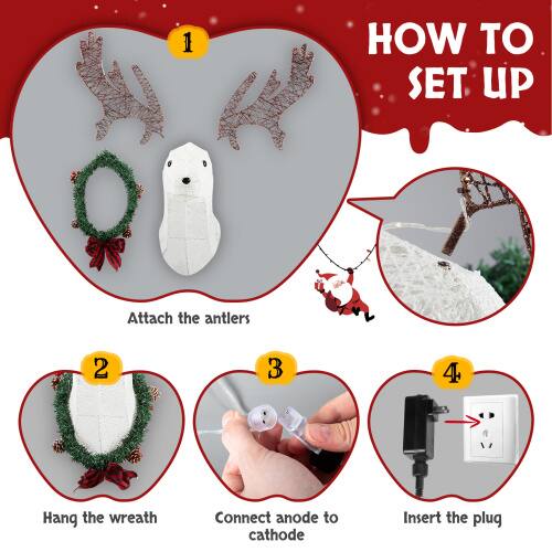 1. Attach the antlers  
2. Hang the wreath  
3. Connect anode to cathode  
4. Insert the plug