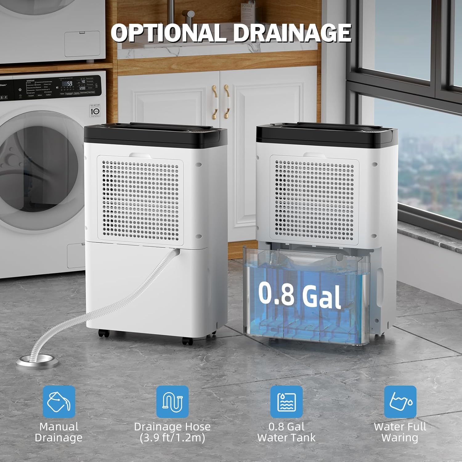 OPTIONAL DRAINAGE

- 0.8 Gal
- Manual Drainage
- Drainage Hose (3.9 ft/1.2m)
- 0.8 Gal Water Tank
- Water Full Waring