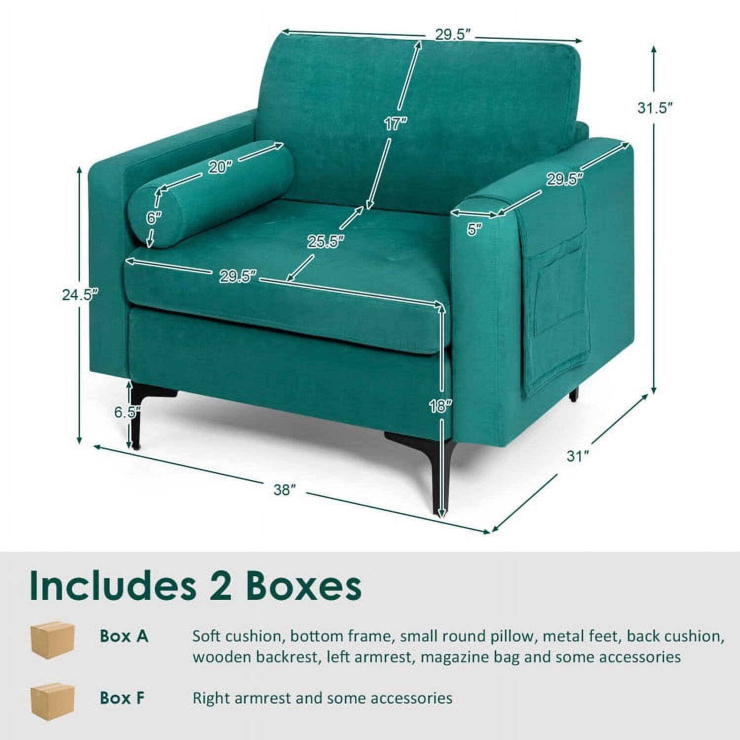 29.5" 17" 31.5" 20" 29.5" 6" 25.5" 5" 24.5" 29.5" 6.5" 18" 31" 38"

Includes 2 Boxes

Box A: Soft cushion, bottom frame, small round pillow, metal feet, back cushion, wooden backrest, left armrest, magazine bag and some accessories

Box F: Right armrest and some accessories