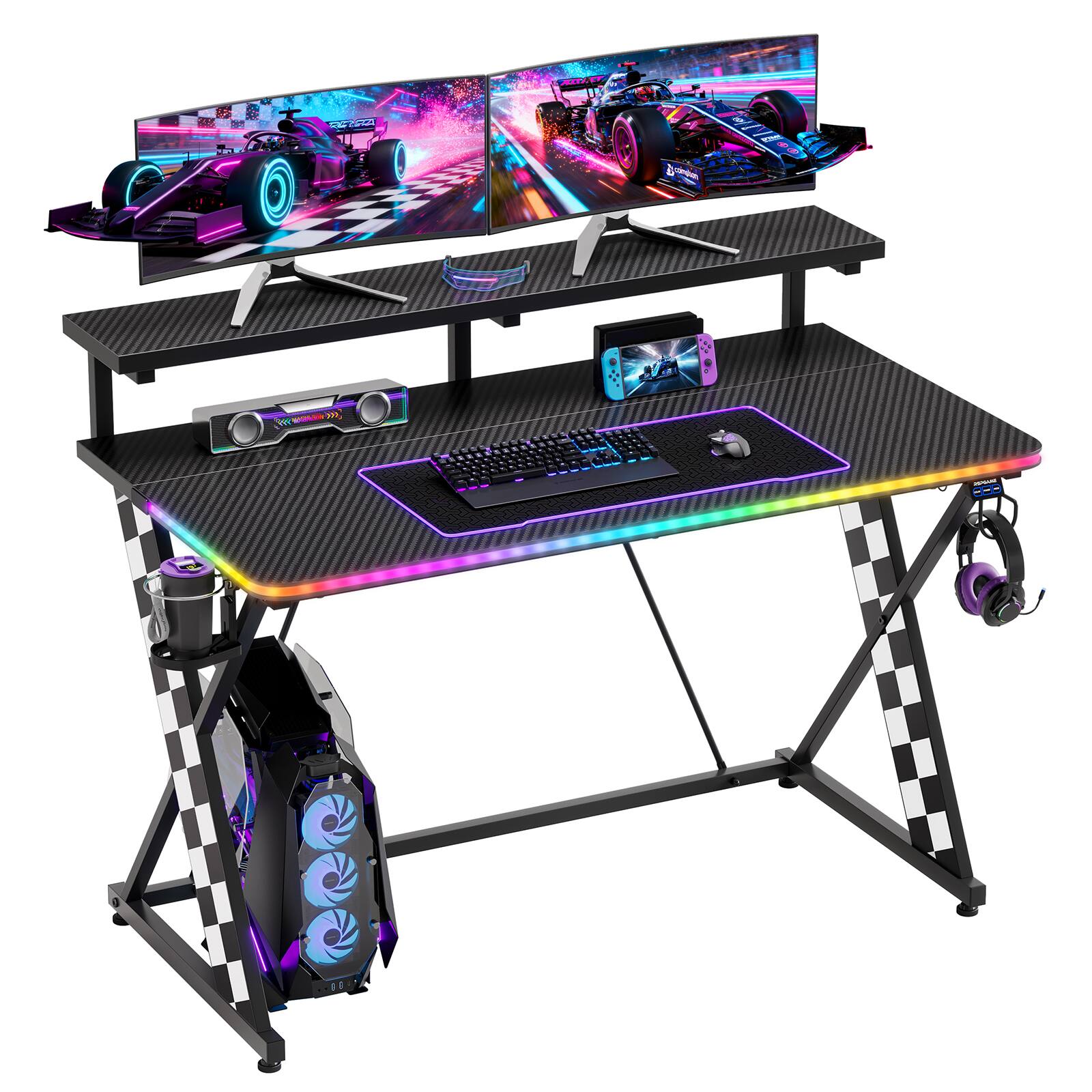 Alt View 8. RSPGAME - Basic 43" Music Sync LED Gaming Desk w/ Dynamic Color-Changing & Racing Gear Style,Ergonomic Monitor Stand Computer Desk - Black & White.