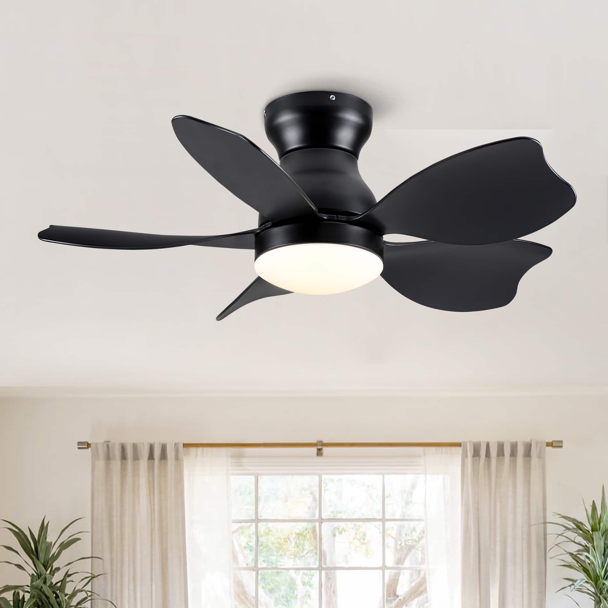 Sofucor - 30'' Modern Small Flush Mount Ceiling Fan with Light and Remote Reversible Curved Blades 3CCT Dimmable Light for Bedroom - Black