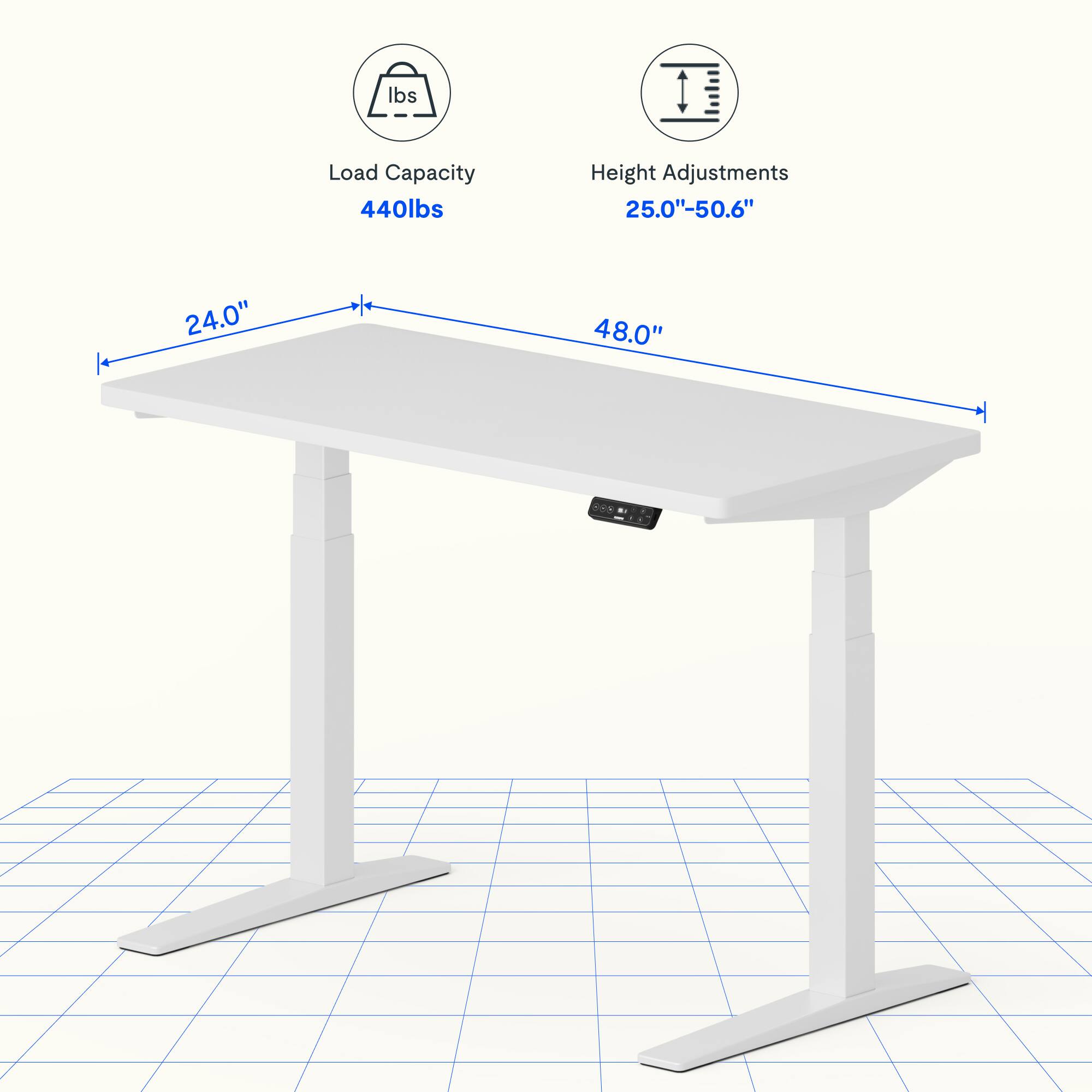 Load Capacity: 440lbs  
Height Adjustments: 25.0"-50.6"  
Table Dimensions: 24.0" x 48.0"