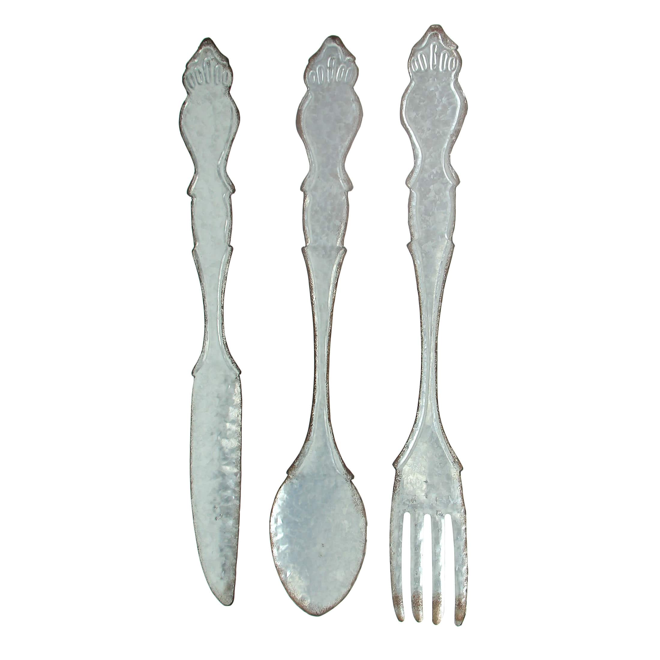 Zeckos - Giant Galvanized Metal Fork Spoon Knife Farmhouse Kitchen Decor Wall Hanging Set - Gray