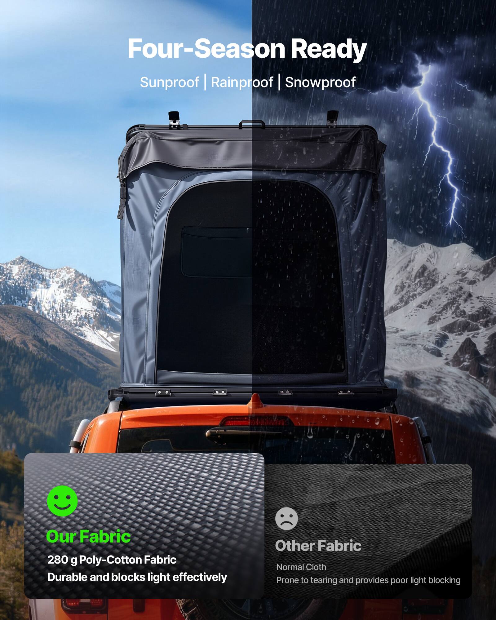 Four-Season Ready  
Sunproof | Rainproof | Snowproof  

Our Fabric  
280 g Poly-Cotton Fabric  
Durable and blocks light effectively  

Other Fabric  
Normal Cloth  
Prone to tearing and provides poor light blocking