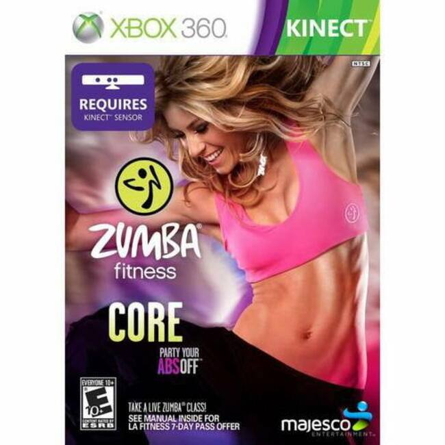 XBOX 360 KINECT  
ZUMBA fitness CORE  
PARTY YOUR ABS OFF  
REQUIRES KINECT SENSOR  
EVERYONE 10+  
E 10+  
TAKE A LIVE ZUMBA CLASS! SEE MANUAL INSIDE FOR LA FITNESS 7-DAY PASS OFFER  
MAJESCO ENTERTAINMENT - E10+ (Everyone 10+)