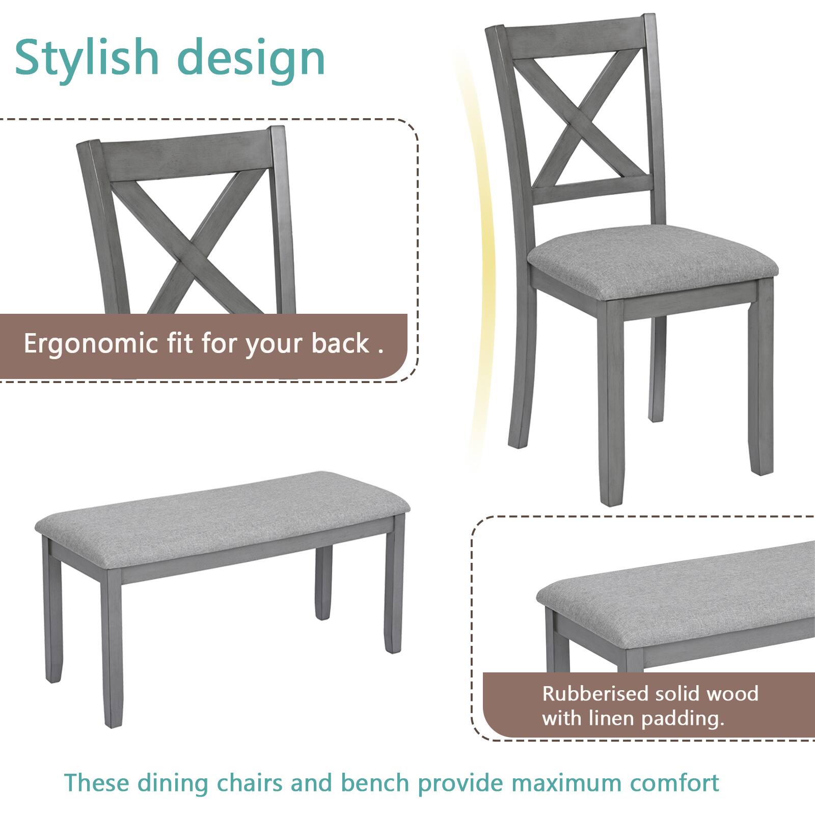 Stylish design

Ergonomic fit for your back

Rubberised solid wood with linen padding.

These dining chairs and bench provide maximum comfort