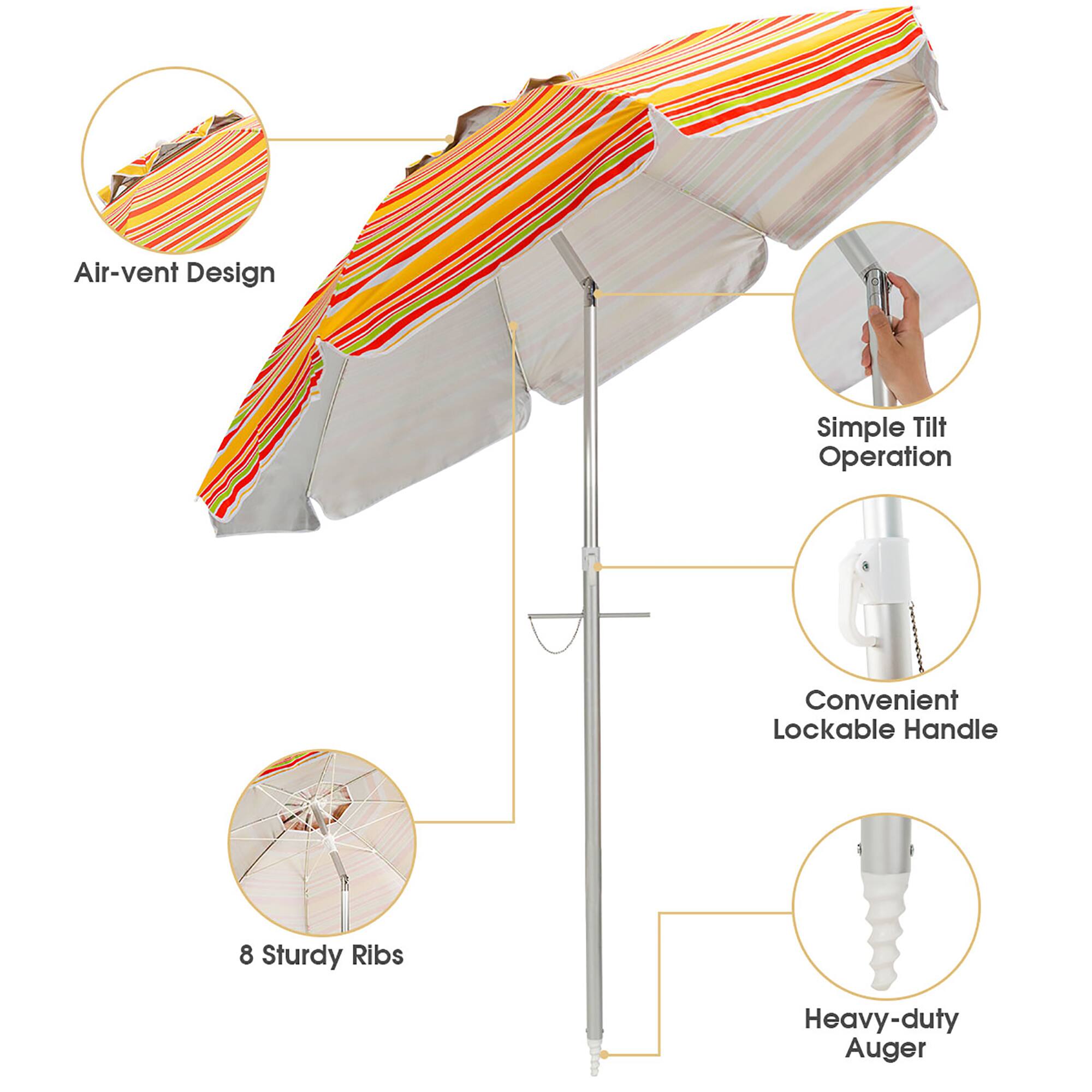 The image shows a striped umbrella with a pole and a handle. The umbrella has an air-vent design, making it a convenient and lockable handle. The umbrella is easy to operate with a simple tilt operation. It has eight sturdy ribs, making it a heavy-duty umbrella.