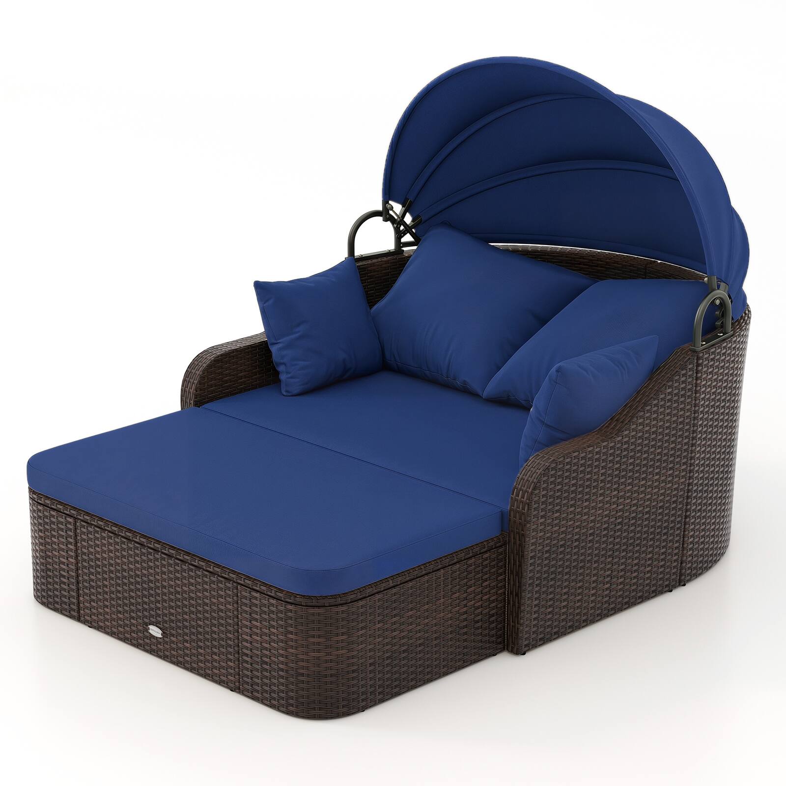 Alt View 1. Costway - Costway Patio PE Rattan Daybed with Retractable Canopy, Soft Cushions and Extra Pillows - Mix Brown & Navy.