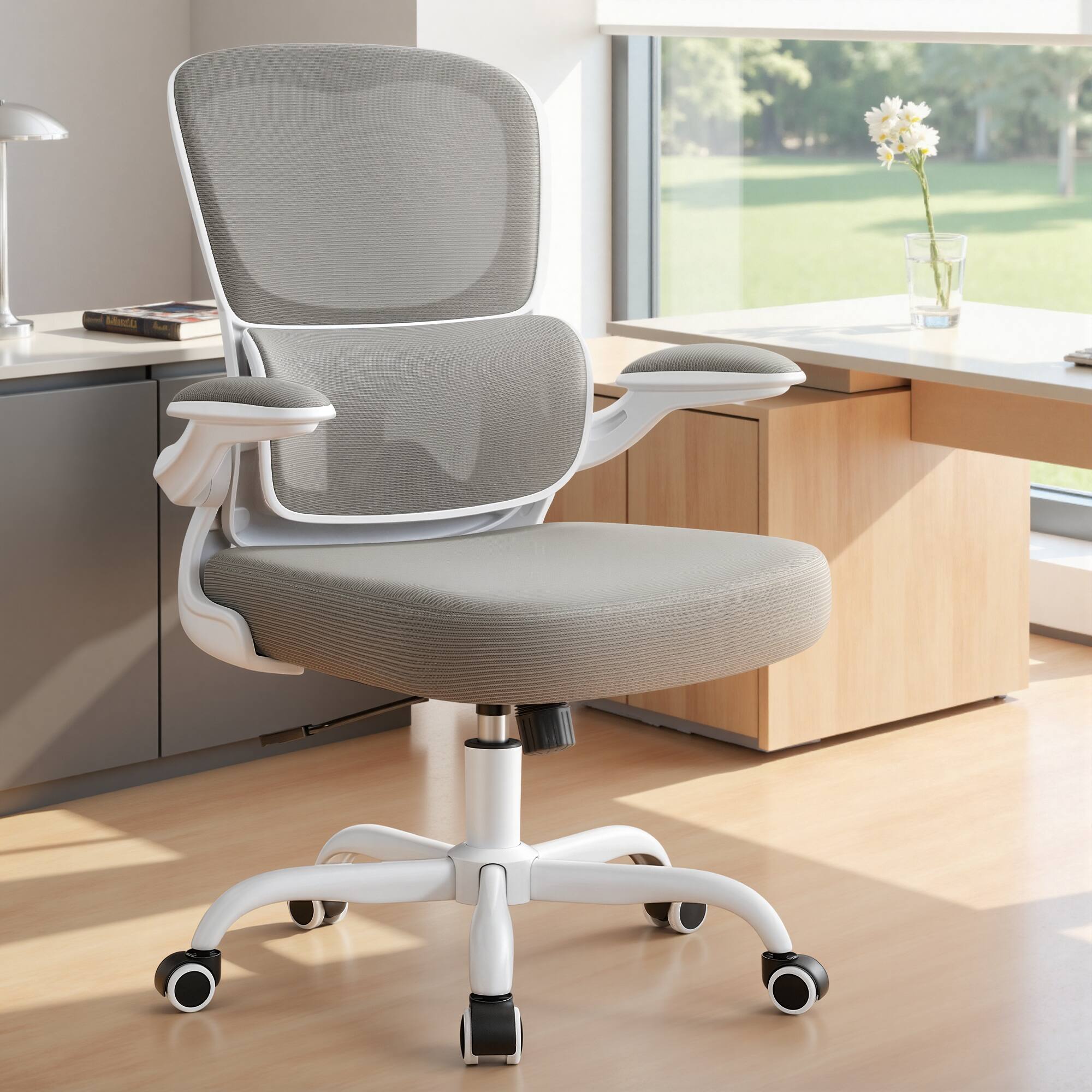 Front. Brick Attic - 300 lbs Ergonomic Office Chair,  Mesh Desk Chair with  Lumbar Support, Flip-up Arms - Light Grey.