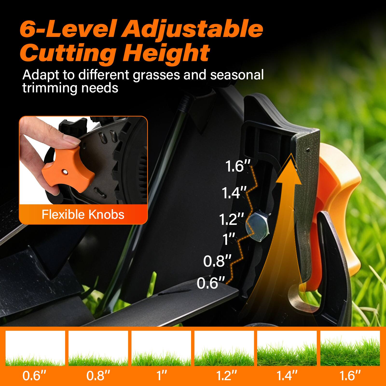6-Level Adjustable Cutting Height Adapt to different grasses and seasonal trimming needs

Flexible Knobs

1.6"
1.4"
1.2"
1"
0.8"
0.6"