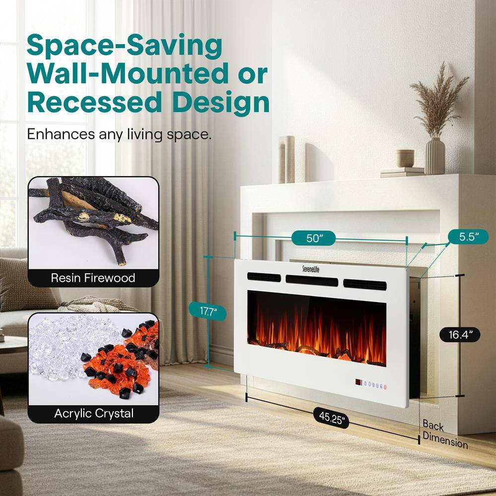 Space-Saving Wall-Mounted or Recessed Design Enhances any living space.

- Resin Firewood
- Acrylic Crystal

Dimensions:
- 50" (Width)
- 5.5" (Height)
- 17.7" (Depth)
- 16.4" (Height)
- 45.25" (Back Dimension)