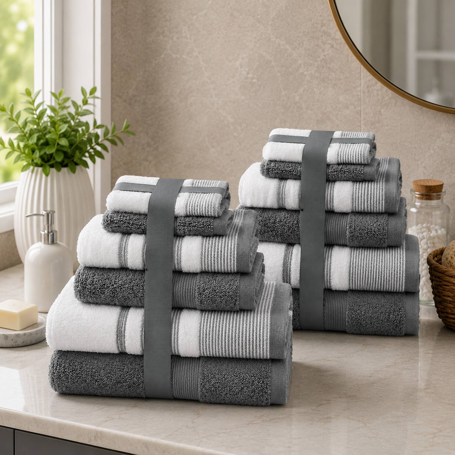 Angle. Plazatex - Plazatex Two Tone  Zero Twist 100% Cotton Soft & Absorbent 12 Piece Bathroom Towel Set Gray - Gray.