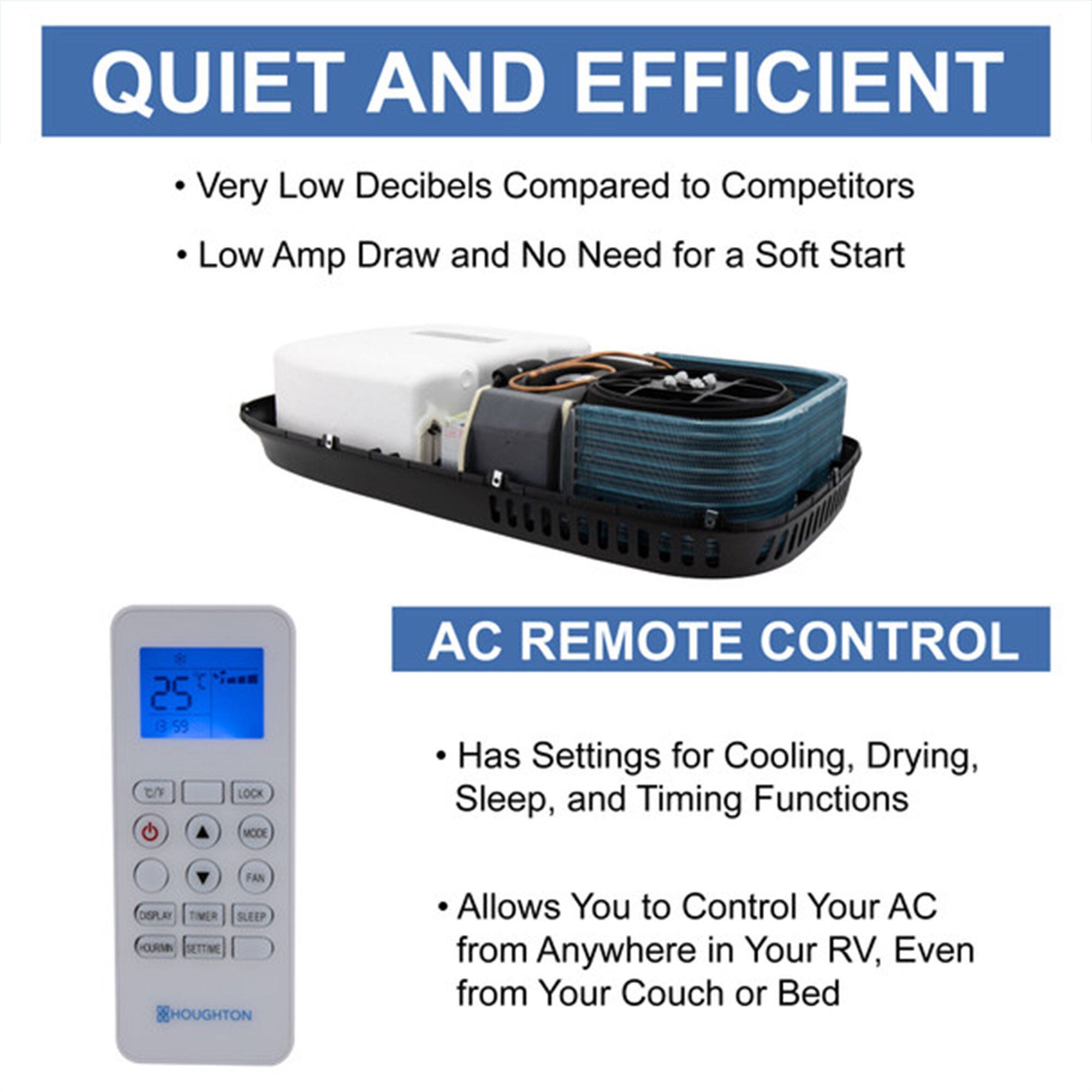 QUIET AND EFFICIENT  
- Very Low Decibels Compared to Competitors  
- Low Amp Draw and No Need for a Soft Start  

AC REMOTE CONTROL  
- Has Settings for Cooling, Drying, Sleep, and Timing Functions  
- Allows You to Control Your AC from Anywhere in Your RV, Even from Your Couch or Bed
