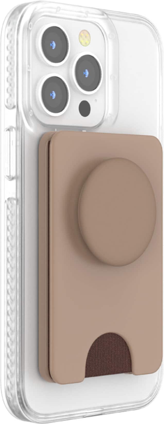 Angle. PopSockets - MagSafe PopWallet+ Cell Phone Wallet & Grip, with Adapter Ring - Latte.
