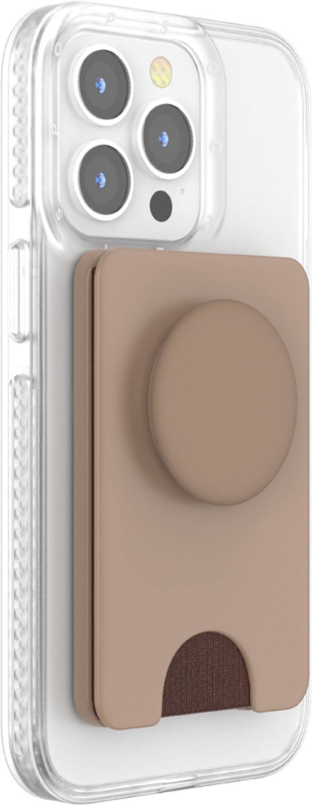 Angle. PopSockets - MagSafe PopWallet+ Cell Phone Wallet & Grip, with Adapter Ring - Latte.