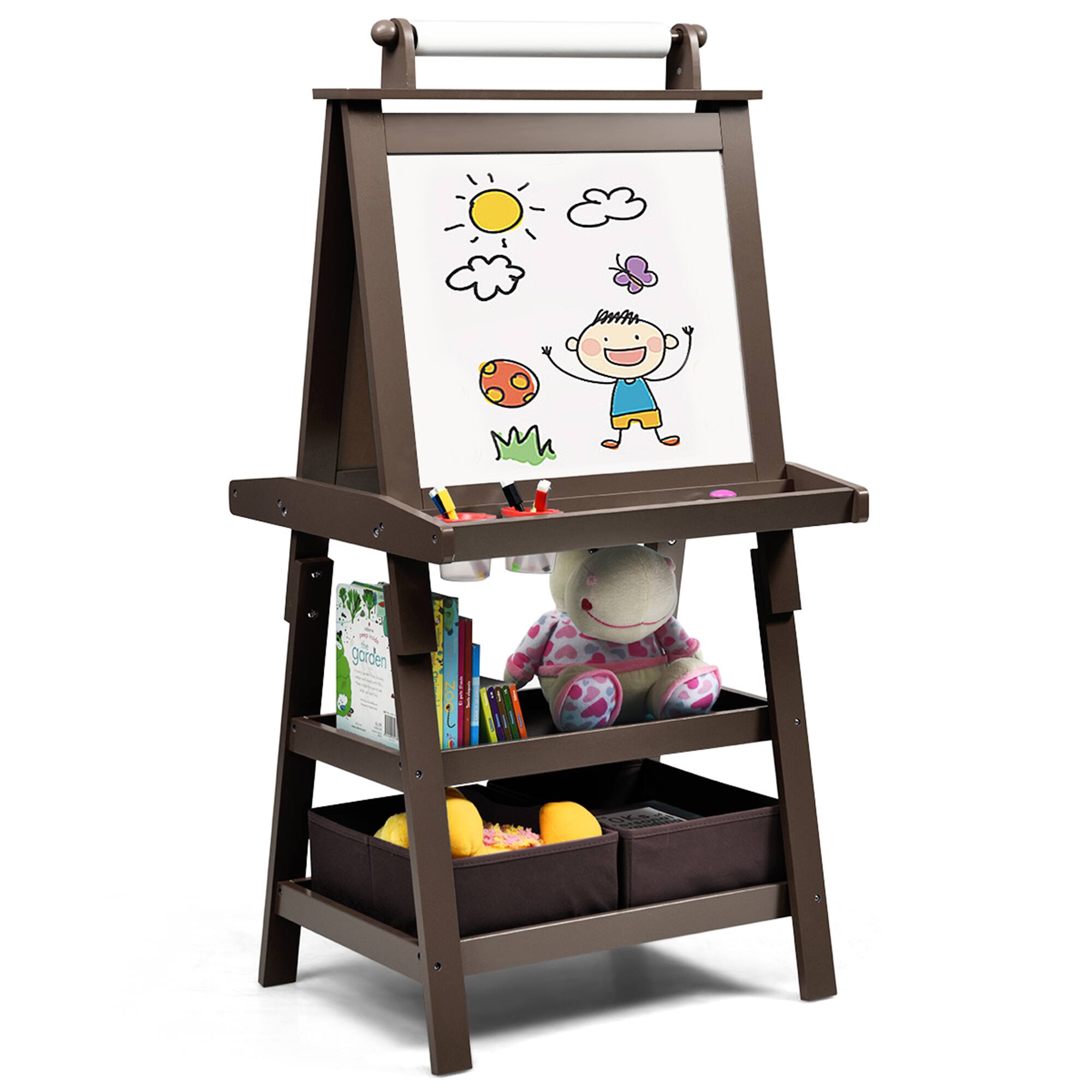 Front. Gymax - Gymax 3 in 1 Double-Sided Storage Art Easel w/ Paint Cups for Toddlers Writing Coffee - Coffee.