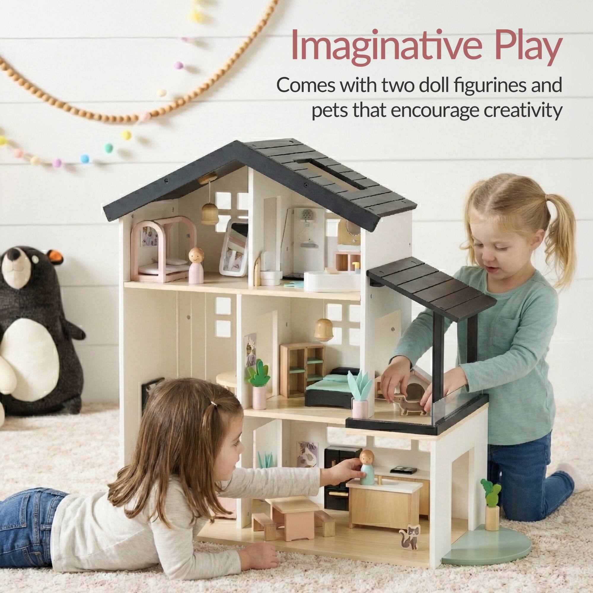 Imaginative Play  
Comes with two doll figurines and pets that encourage creativity