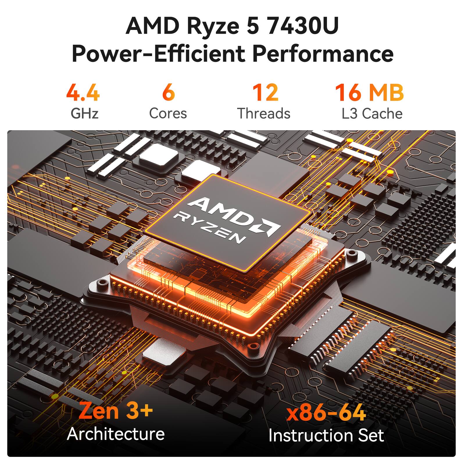 AMD Ryzen 5 7430U Power-Efficient Performance  
4.4 GHz  
6 Cores  
12 Threads  
16 MB L3 Cache  
AMD Zen 3+ Architecture  
x86-64 Instruction Set
