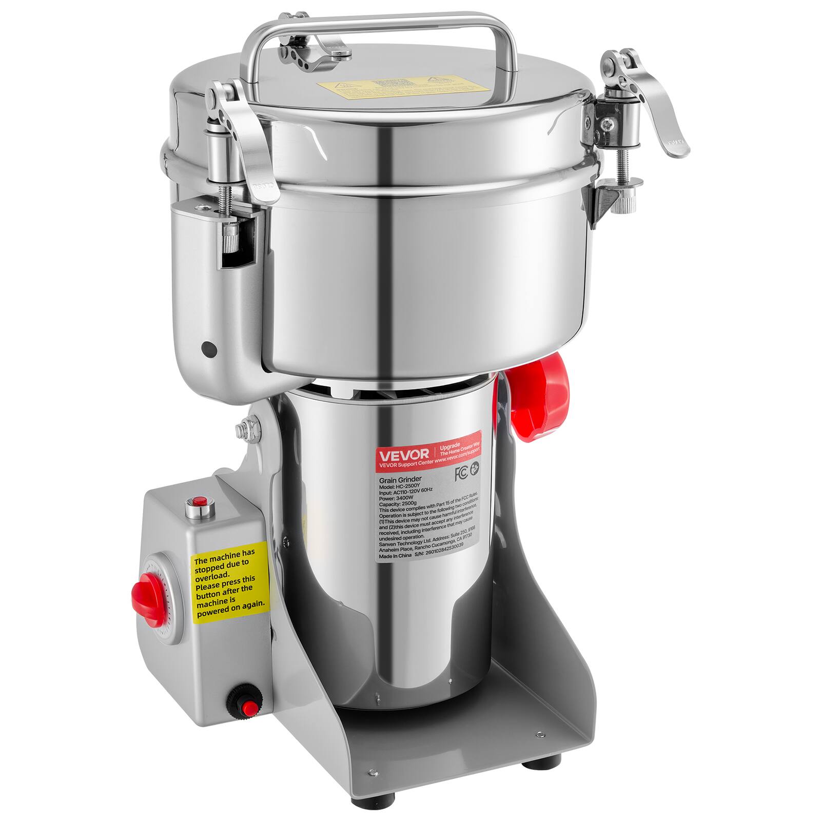 The machine has stopped due to overload. Please press this button after the machine is powered on again.

Upgrade VEVOR Center VEVOR Support Grain Grinder Model: HC-250DY 100 nove ACTO DV Power 3400W Capacity: 2500g on by comples with The dovere the N subject I Operiation not saltion device - about device mush and received, including 27 undesired speration. car Addent on Serven Technology Carbohydrate Anaheim Kancher 28002842500000 livite or Chine SN