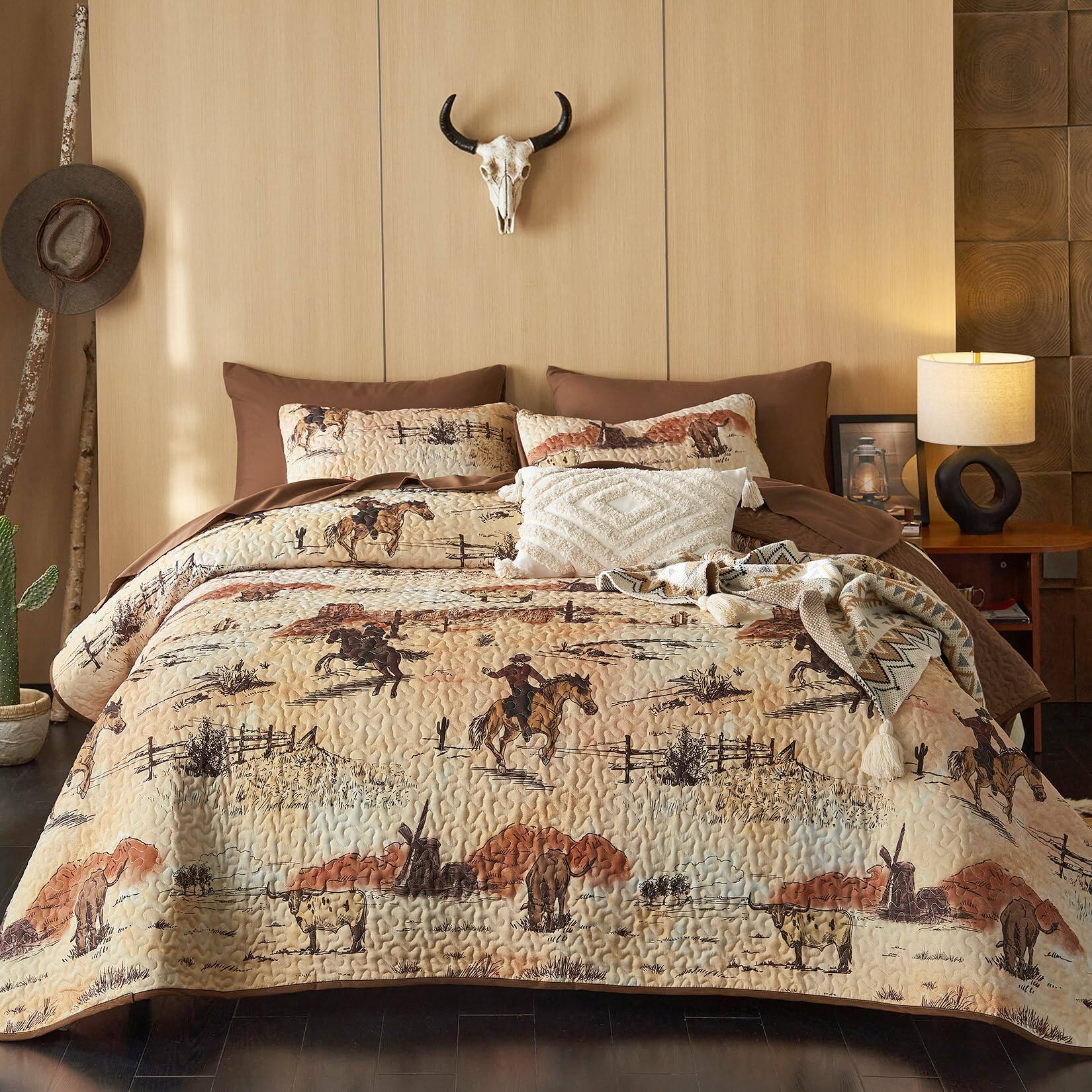 PO3TICJUNKI3 - Western Quilt Set Rustic Ranch Life With Cowboy Southwestern Vintage Country Pattern Printed Reversible - Ochre Brown-King