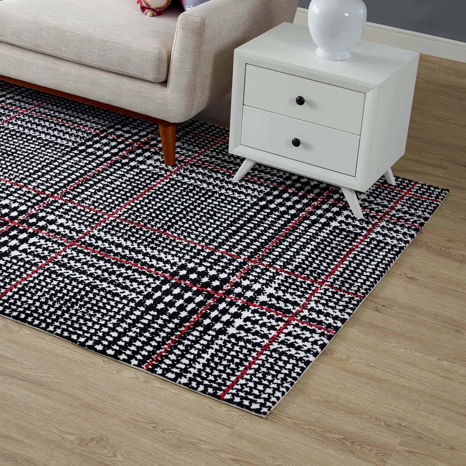 Left. Modway - Kaja Abstract Plaid Area Rug - Ivory Black and Red.