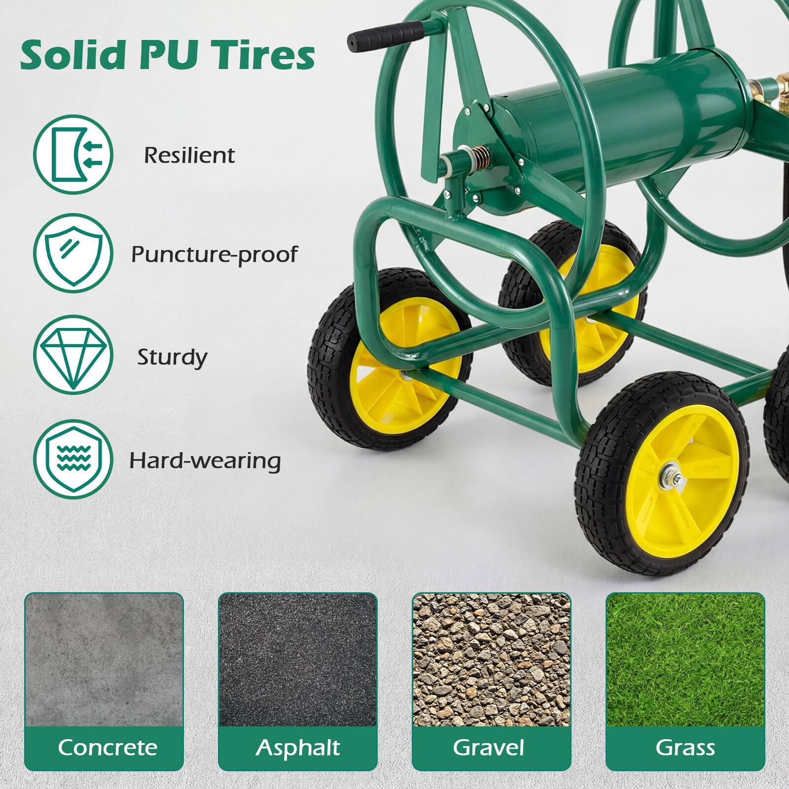 Solid PU Tires

- Resilient
- Puncture-proof
- Sturdy
- Hard-wearing

Concrete
Asphalt
Gravel
Grass