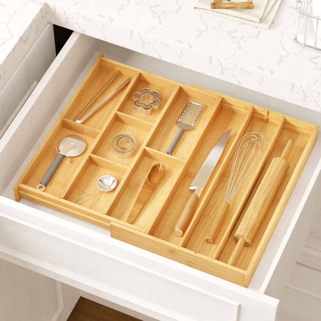 Alt View 2. Tooloton - Expandable Bamboo Drawer Organizer for Silverware, Cutlery, Spoons and Knives with Labels, Kitchen Utensil Storage Tray - Natural.