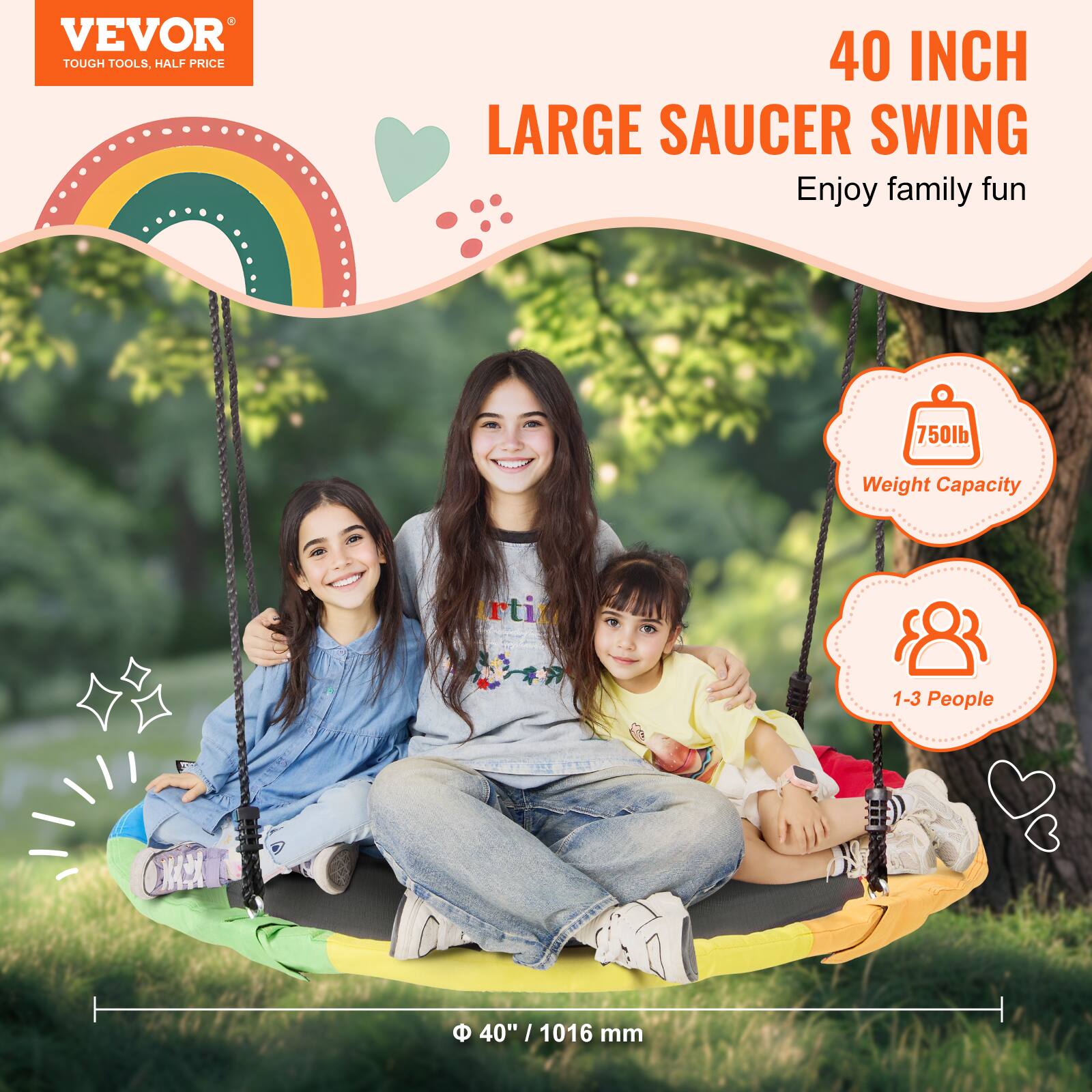 VEVOR TOUGH TOOLS. HALF PRICE 40 INCH LARGE SAUCER SWING. Enjoy family fun. 750lb Weight Capacity. 1-3 People. 40" / 1016 mm.