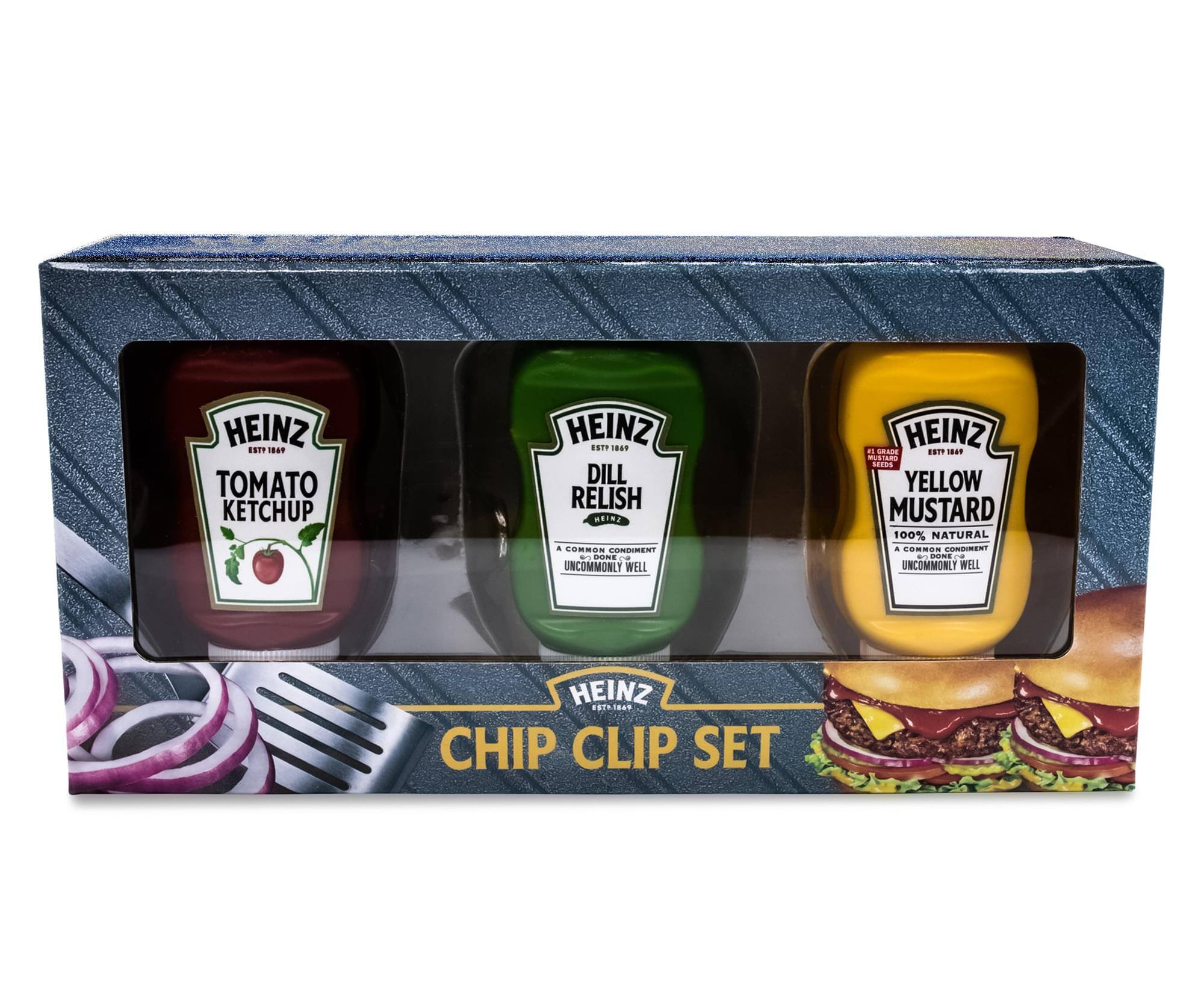 HEINZ ESTD 1869 TOMATO KETCHUP  
HEINZ ESTD 1869 DILL RELISH  
HEINZ ESTD 1869 YELLOW MUSTARD  

A COMMON CONDIMENT - UNCOMMONLY WELL  
100% NATURAL - A COMMON CONDIMENT - UNCOMMONLY WELL  

HEINZ CHIP CLIP SET