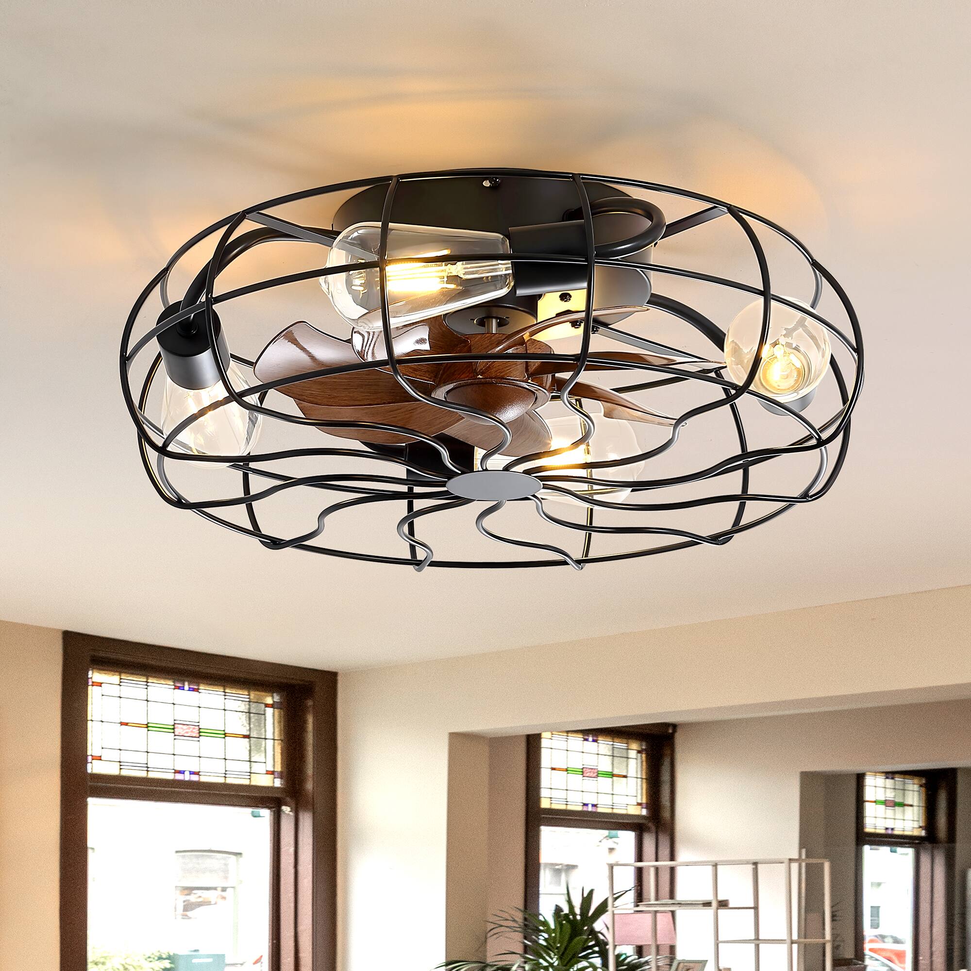 Front. Breezary - 19-Inch Durable Cage Ceiling Fan with Light Remote Control Flush Surface Mount for Bedroom Living Room - Matte Black.