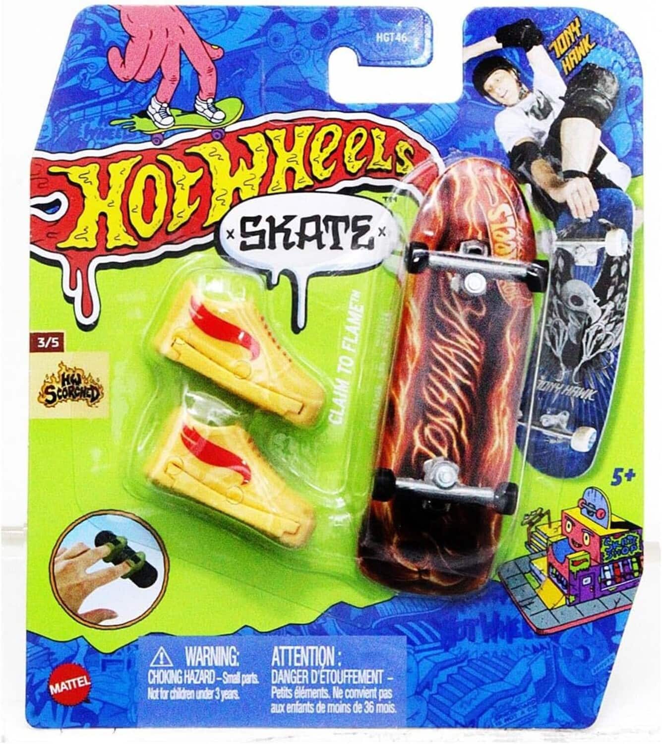 Tony Hawk - Mattel - Hot Wheels Skate Tony Hawk Claim to Flame Finger Skateboard + 1 Pair of Shoes - COLLECTABLES - Multicolor