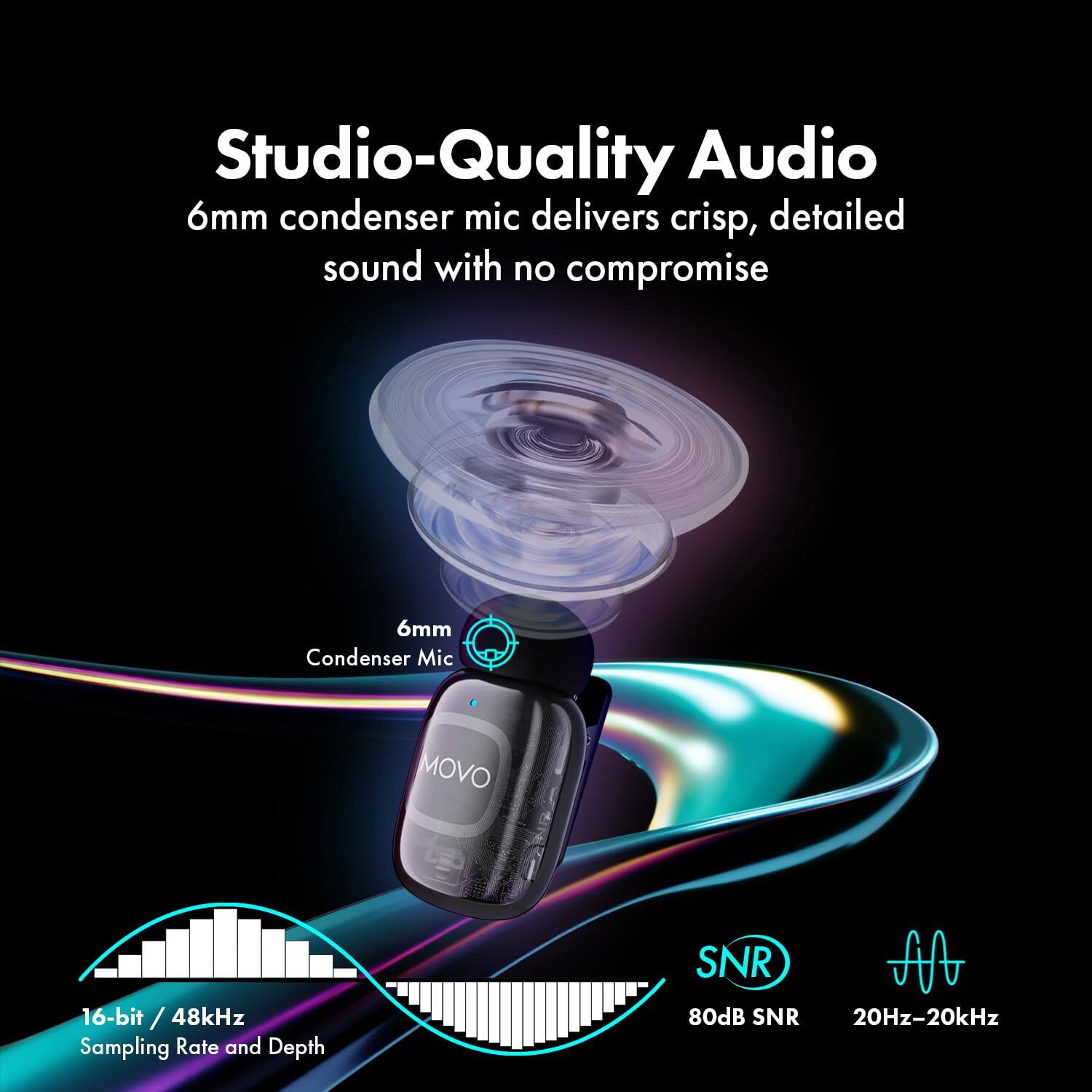Studio-Quality Audio  
6mm condenser mic delivers crisp, detailed sound with no compromise  

6mm Condenser Mic  
MOVO  

16-bit / 48kHz Sampling Rate and Depth  
SNR 80dB  
20Hz-20kHz