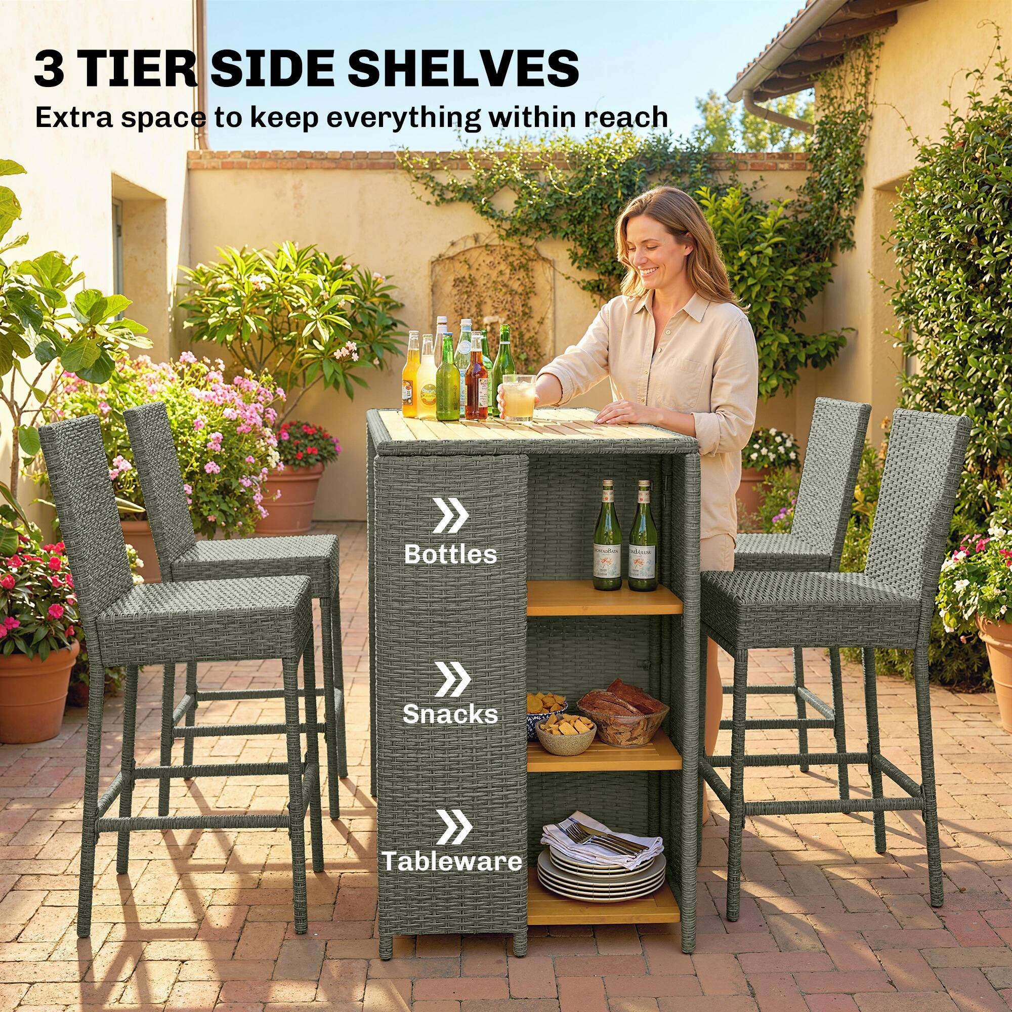 3 TIER SIDE SHELVES  
Extra space to keep everything within reach  

Bottles  
Snacks  
Tableware