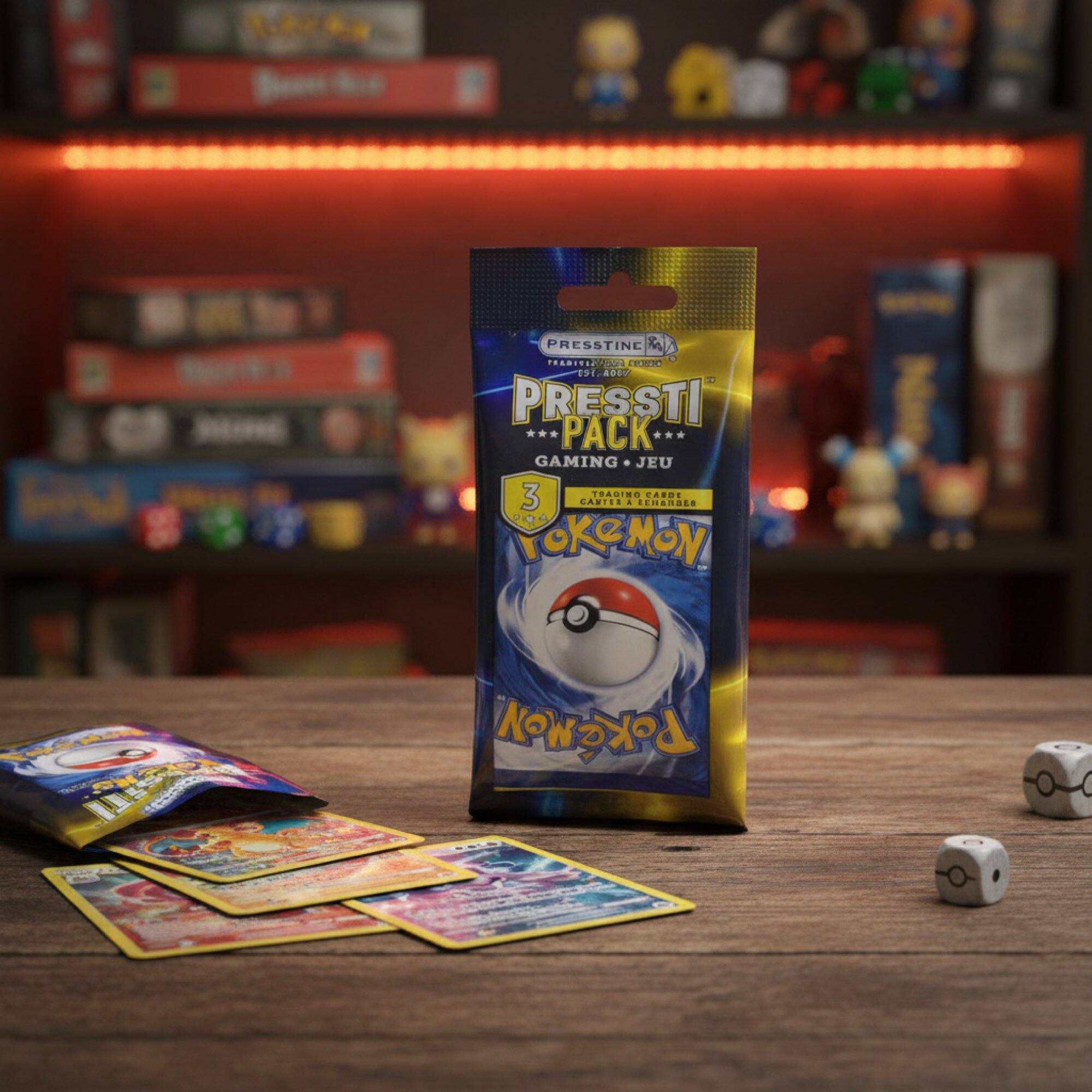 PRESSTINE  
FRARITIZR  
1.A 19 . - PRESSTI *** PACK ... GAMING JEU 3 TOA1 VAROE LANTES 4 EHANGES .O e YOKEMON IS PoKeMoN