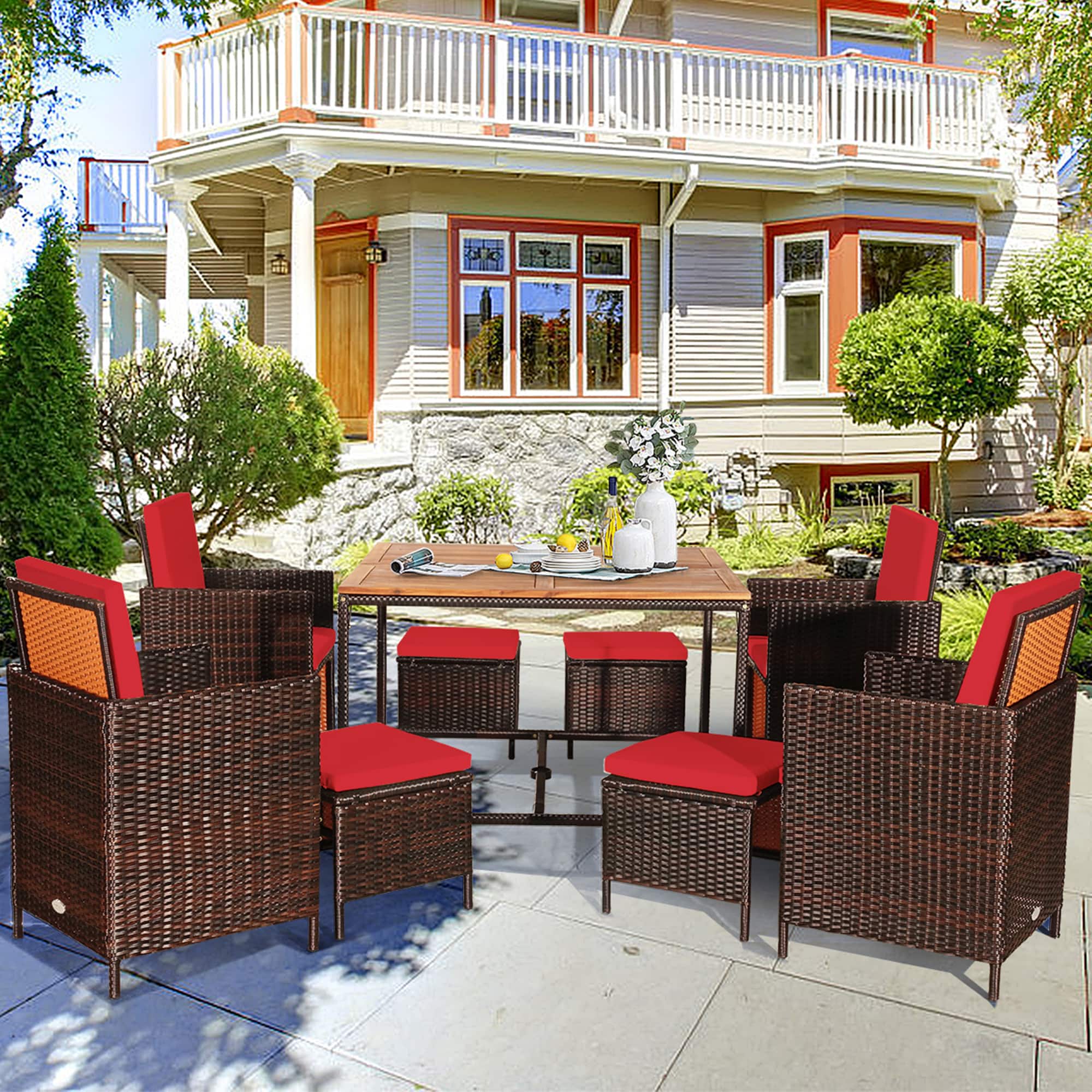 Gymax - 9PCS Rattan Wicker Patio Dining Set Outdoor Furniture Set w/ Red Cushion - as pic price history on PriceWatchPro