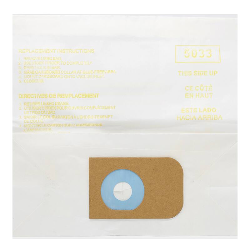 **REPLACEMENT INSTRUCTIONS**

1. REMOVE USED BAG.
2. USE INDEX FINGER TO COMPLETELY OPEN HOLE IN BAG.
3. GRAB CARDBOARD COLLAR AT GLUE-FREE AREA.
4. MOUNT CARDBOARD ONTO VACUUM INLET.
5. CLOSE LID.

**DIRECTIVES DE REMPLACEMENT**

1. RETIRER LE SAC USAGÉ.
2. UTILISER L'INDEX POUR OUVRIR COMPLÈTEMENT LE TROU DU SAC.
3. SAISIR LE COL DU CARTON À L'ENDROIT EXEMPT DE COLLE.
4. MONTER LE CARTON SUR L'ADMISSION DE L'ASPIRATEUR.
5. FERMER LE CULOT.

**THIS SIDE UP**

**CE CÔTÉ EN HAUT**

**ESTE LADO HACIA ARRIBA**

**5033**