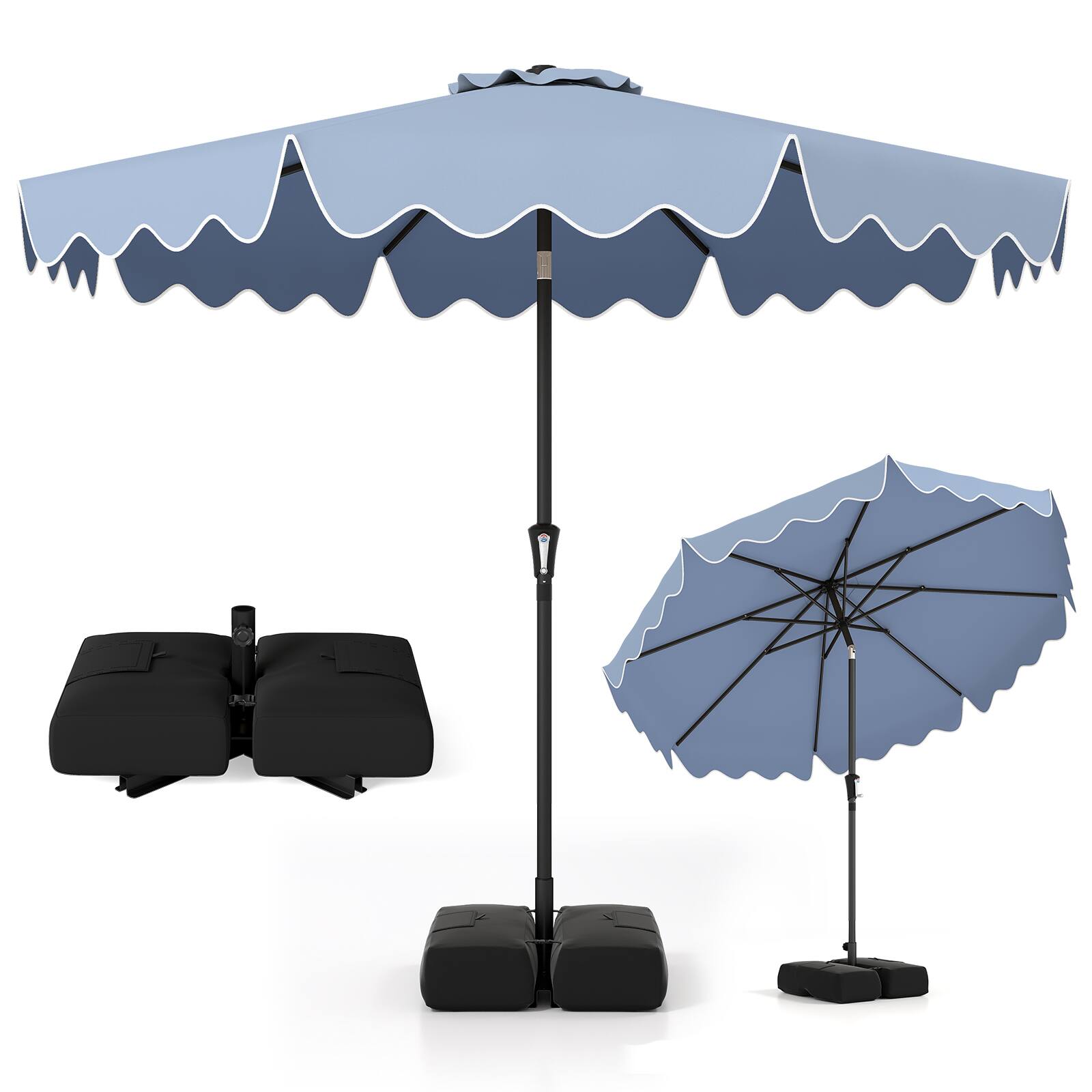 Costway - 9 FT Patio Umbrella with Weighted Base Sandbags Push Button Tilt Crank Sturdy Ribs - Blue