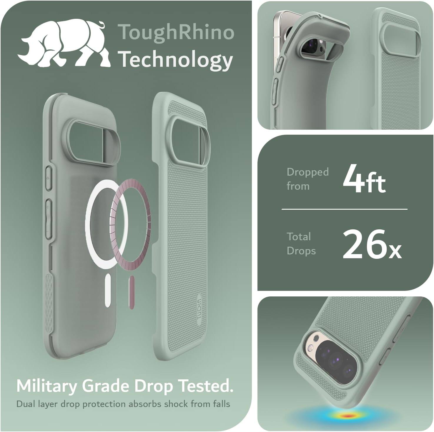 ToughRhino Technology

Dropped from 4ft

Total Drops 26x

Military Grade Drop Tested.
Dual layer drop protection absorbs shock from falls