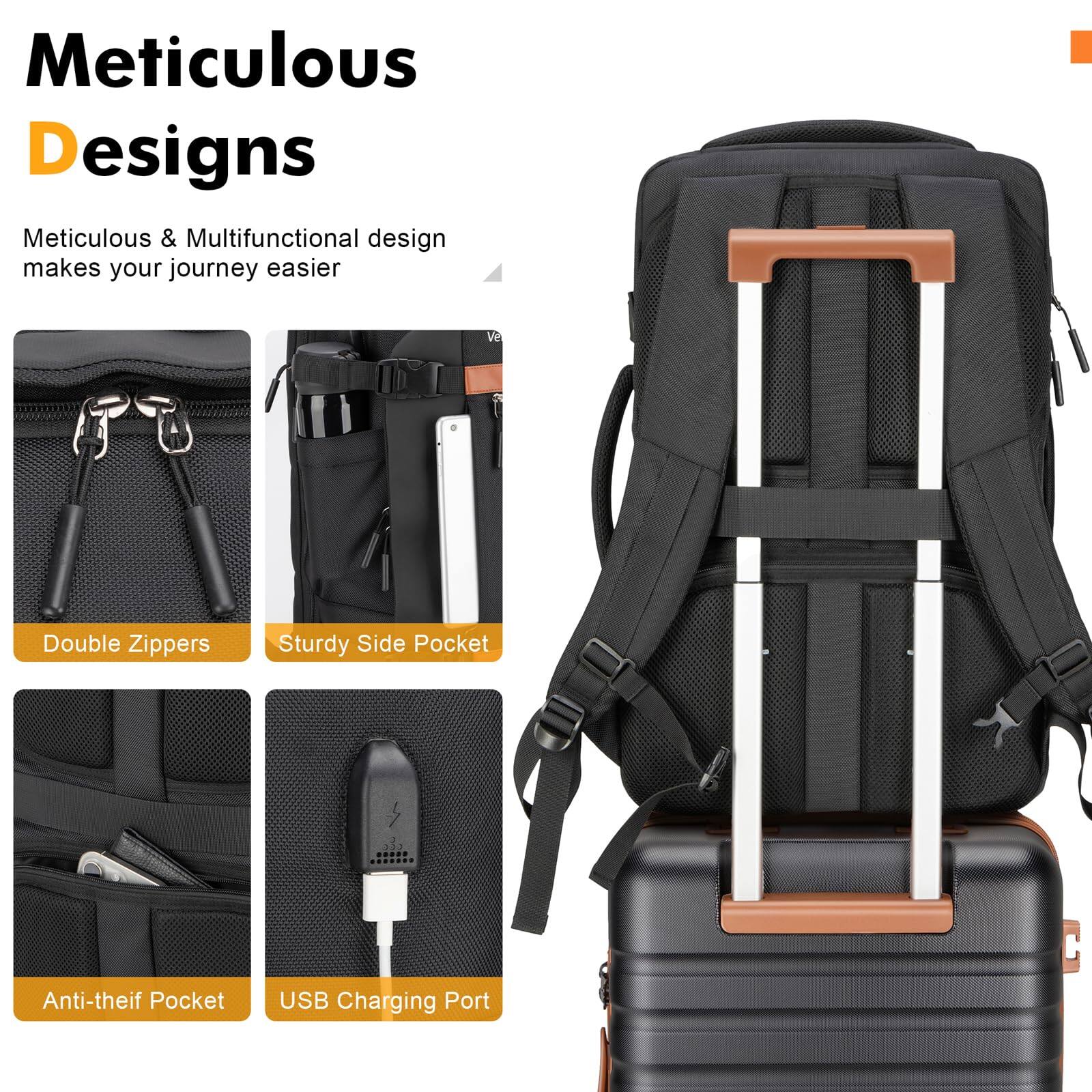 Meticulous Designs

Meticulous & Multifunctional design makes your journey easier

- Double Zippers
- Sturdy Side Pocket
- Anti-theif Pocket
- USB Charging Port