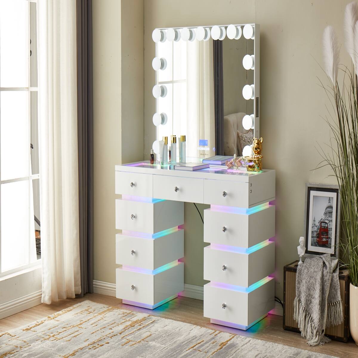 Back. Loheer - Loheer Lighted Makeup Vanity Desk with RGB Drawer Lights and 15 Bulb Hollywood Mirror - Gloss White.