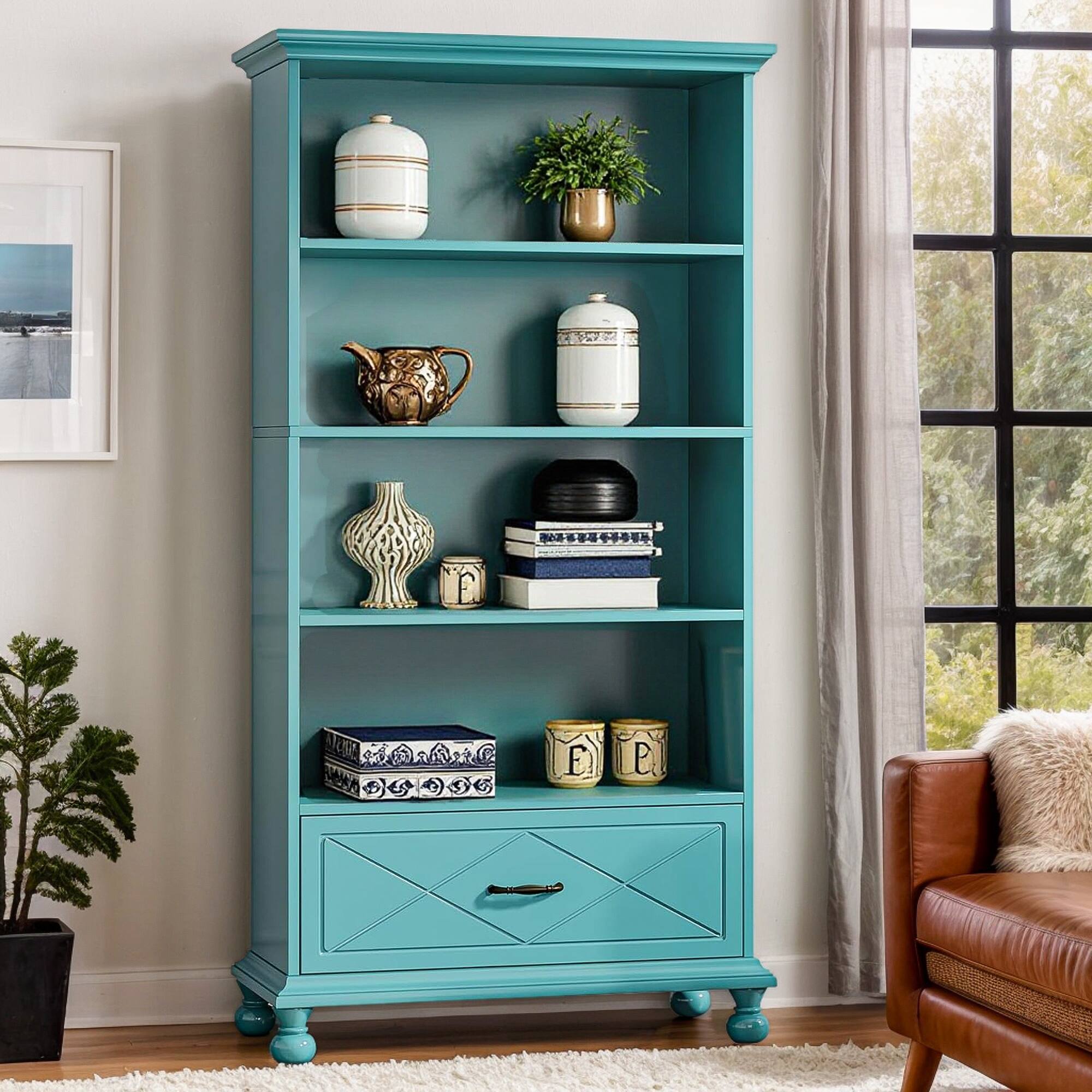 Angle. Kadyn - Kadyn Bookshelf, Storage Shelf, Bookcase,6-Shelf Bookcase with Drawer, 71" Bookshelf with Solid Wood Legs,Ocean Blue - Ocean Blue.