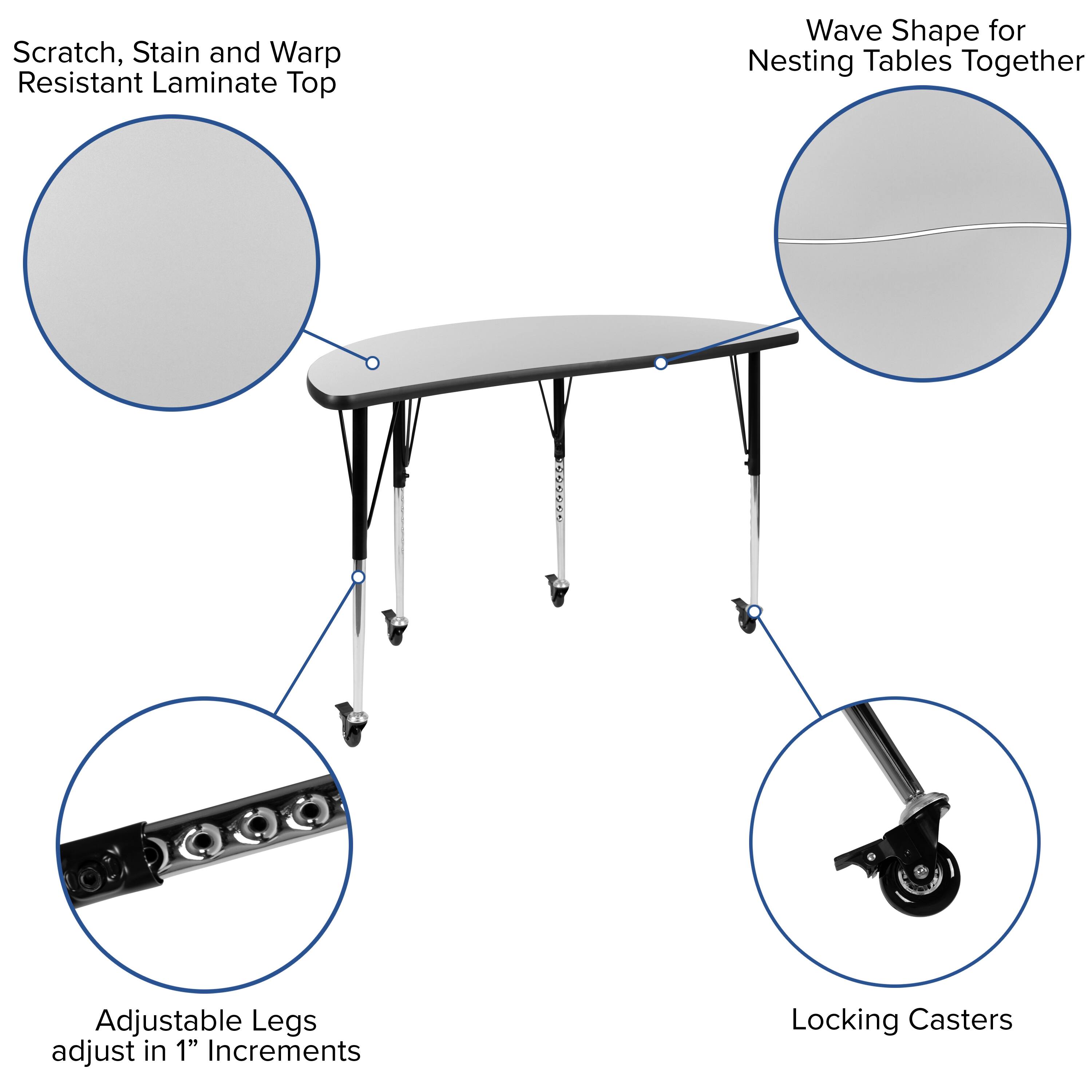 Scratch, Stain and Warp Resistant Laminate Top

Wave Shape for Nesting Tables Together

Adjustable Legs adjust in 1" Increments

Locking Casters