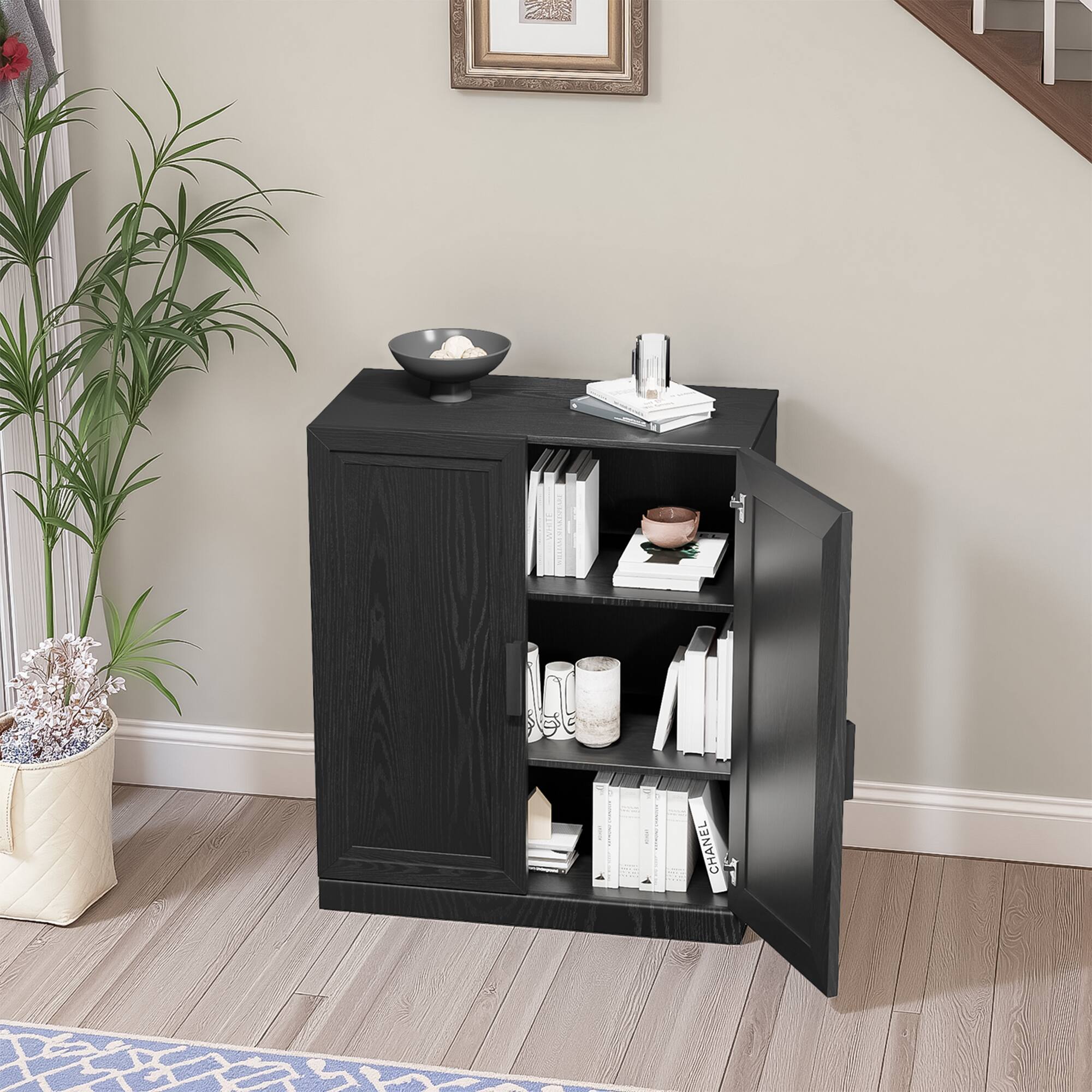 Alt View 3. PexFix - Farmhouse Buffet Sideboard, 36" Solid Wood Storage Cabinet with Scratch-Proof and Adjustable Shelves for Entryway - Black.